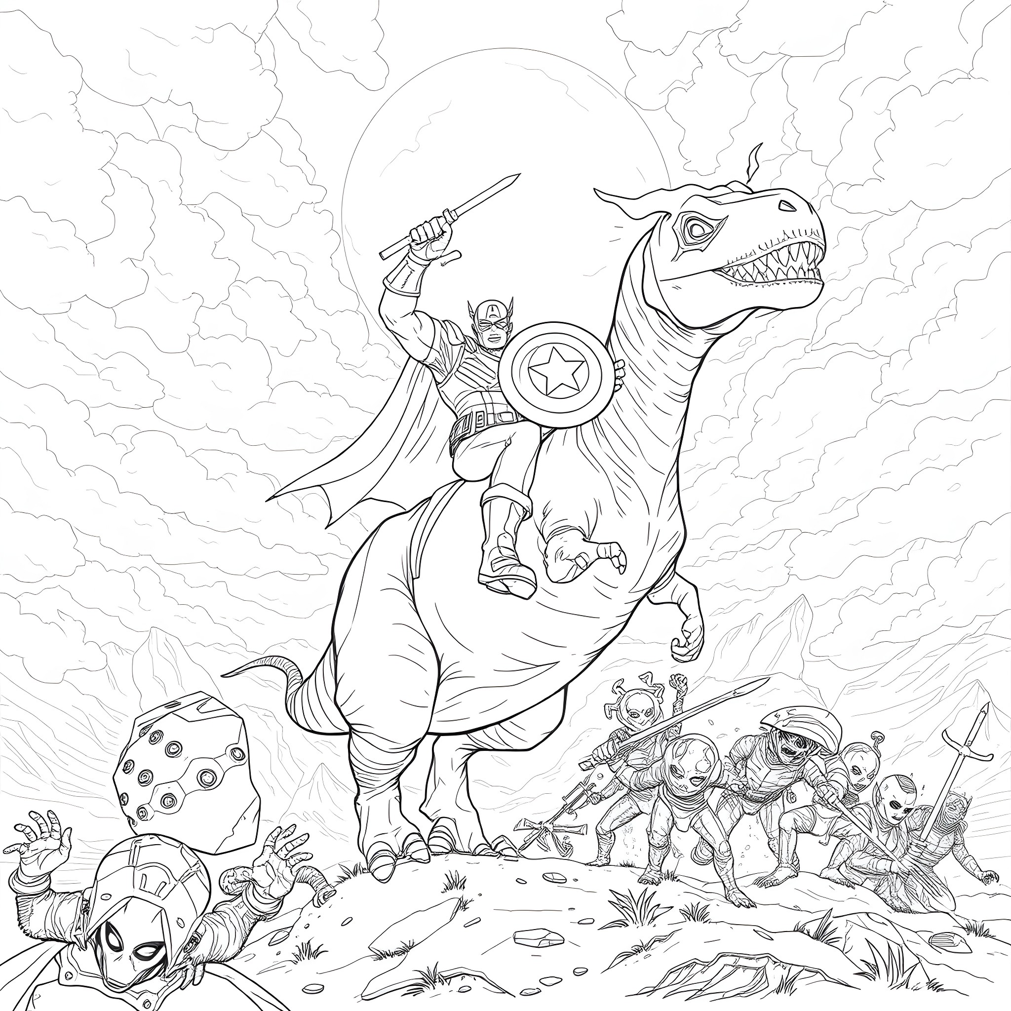 Captain America battles dinosaurs and alien forces Coloring Page (free black-and-white line drawing printable PDF for all, from beginners to advanced learners, including children, teens, adults, and seniors)