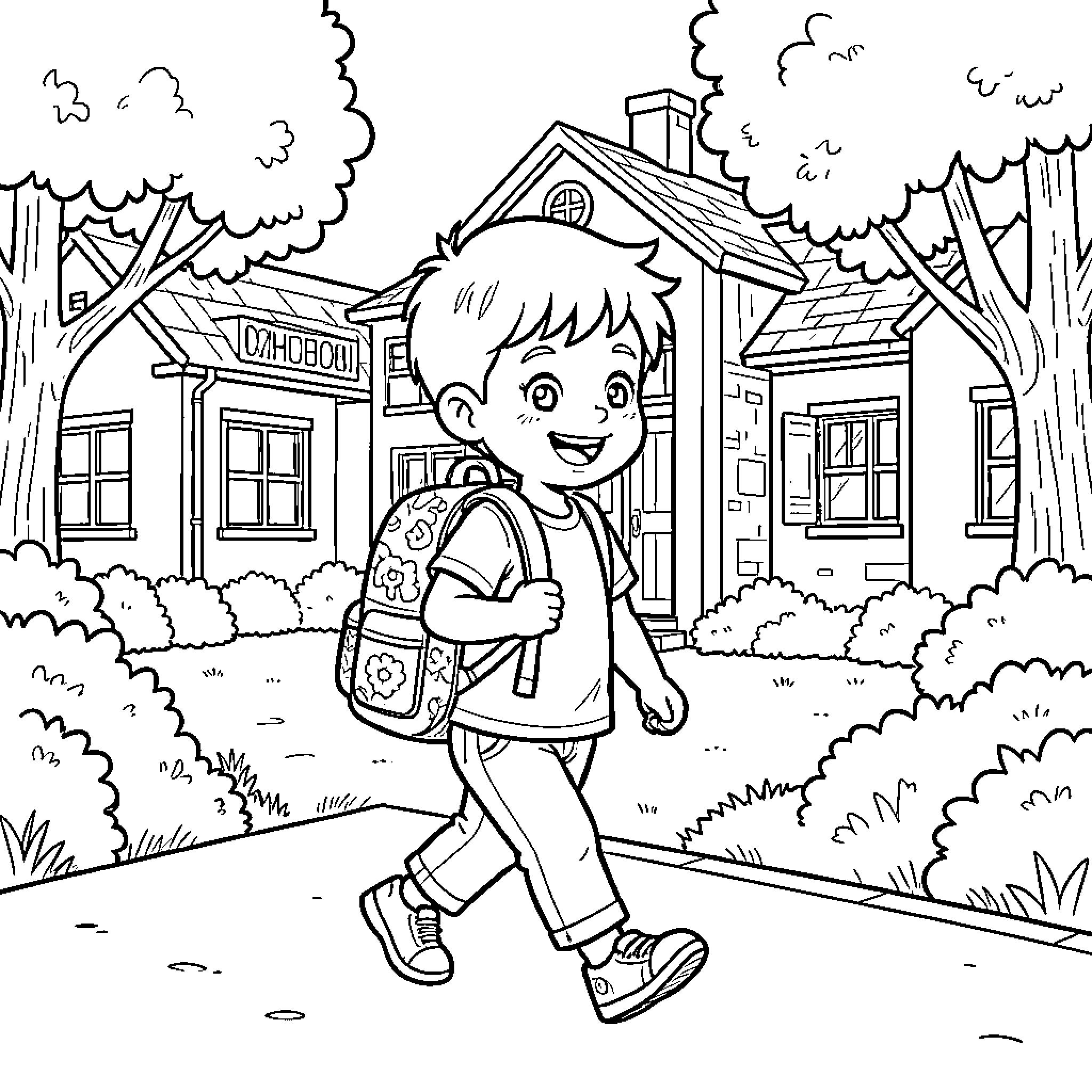 Niño walking happily to school with backpack Coloring Page (free black-and-white line drawing printable PDF for all, from beginners to advanced learners, including children, teens, adults, and seniors)