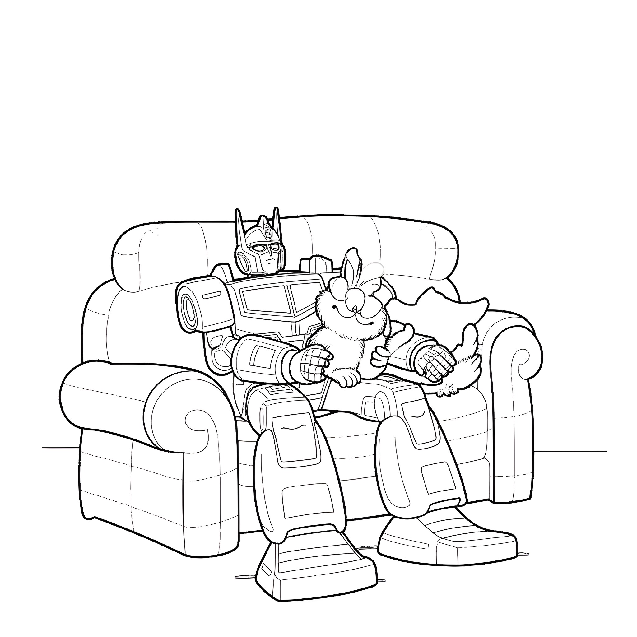 Optimus Prime relaxing on the couch with a friend Coloring Page (free black-and-white line drawing printable PDF for all, from beginners to advanced learners, including children, teens, adults, and seniors)