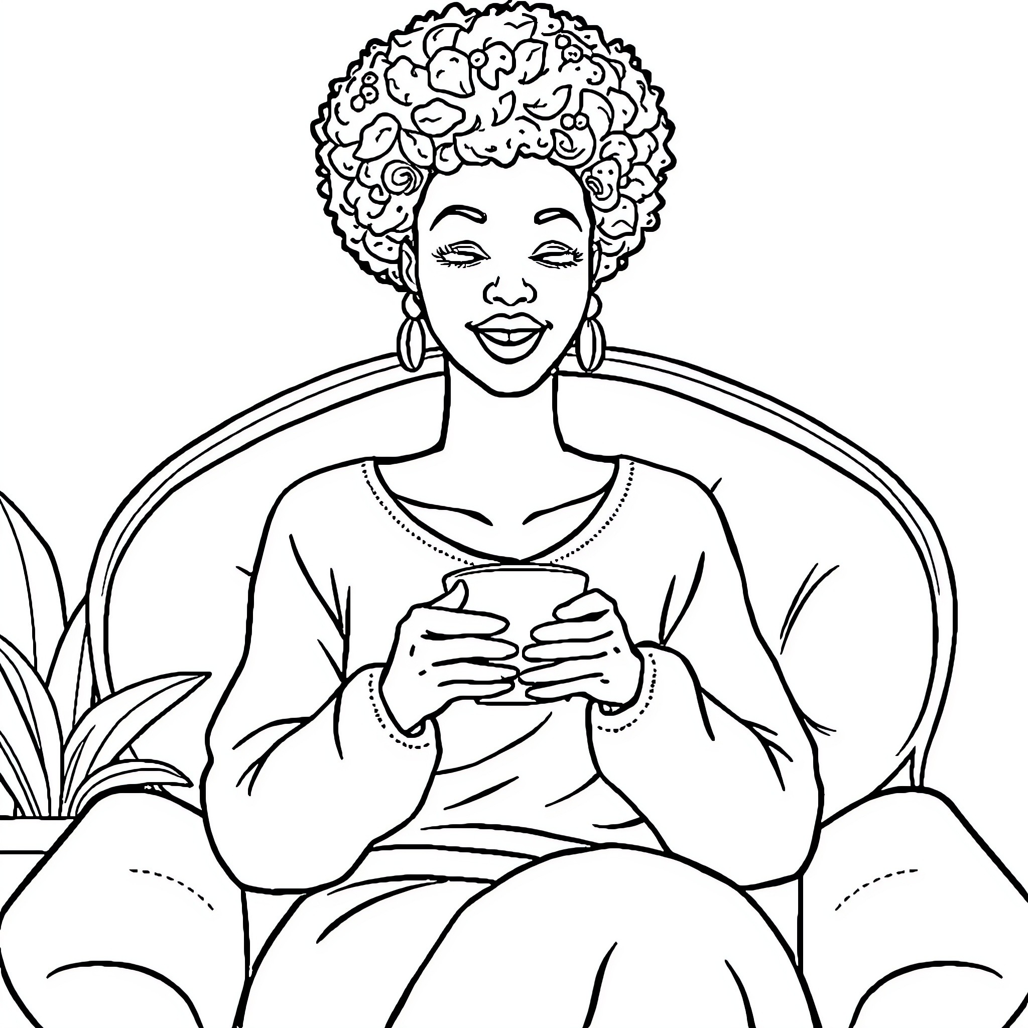 Woman enjoys a cup of tea in a relaxed setting Coloring Page (free black-and-white line drawing printable PDF for all, from beginners to advanced learners, including children, teens, adults, and seniors)