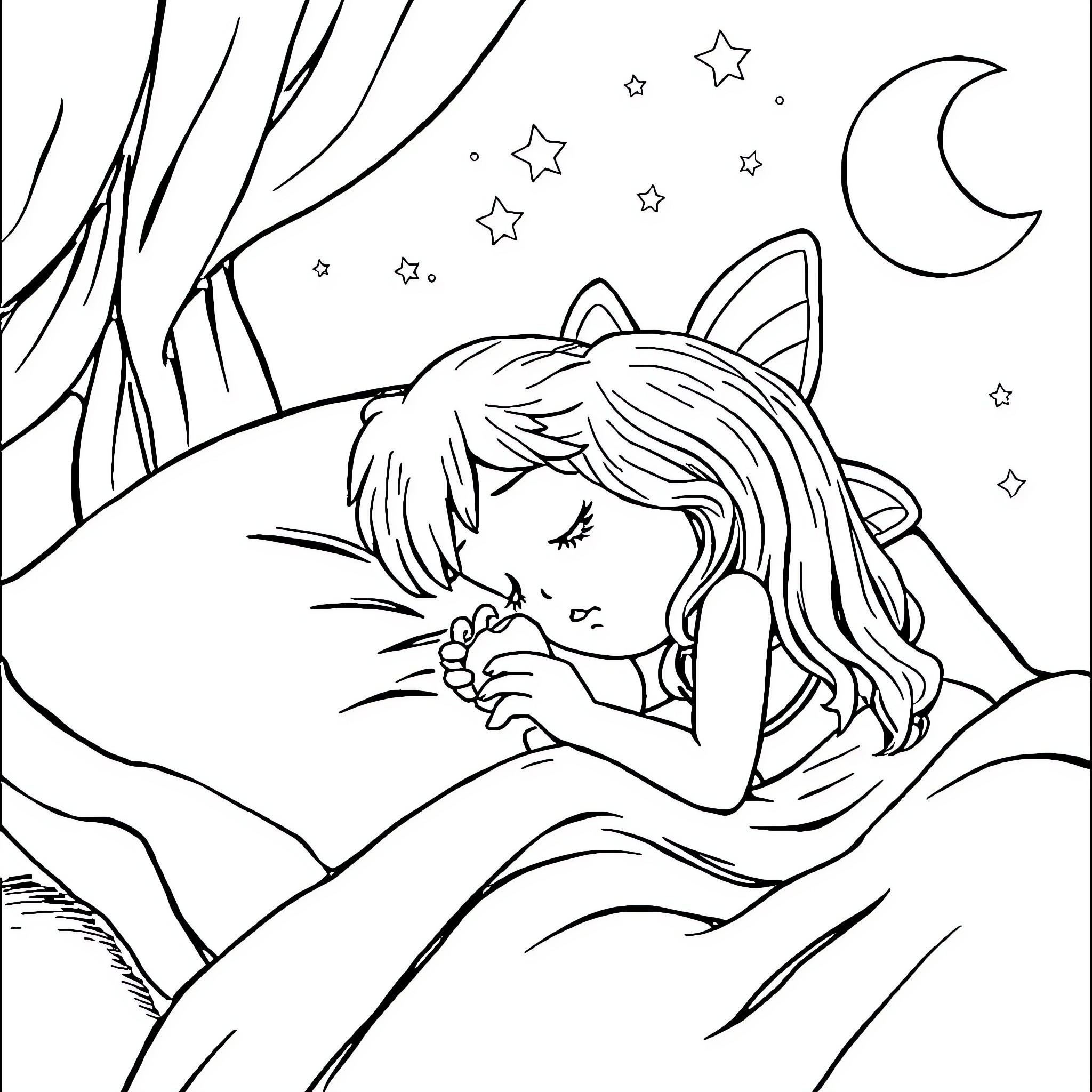 Tooth Fairy dreaming under starry night sky Coloring Page (free black-and-white line drawing printable PDF for all, from beginners to advanced learners, including children, teens, adults, and seniors)