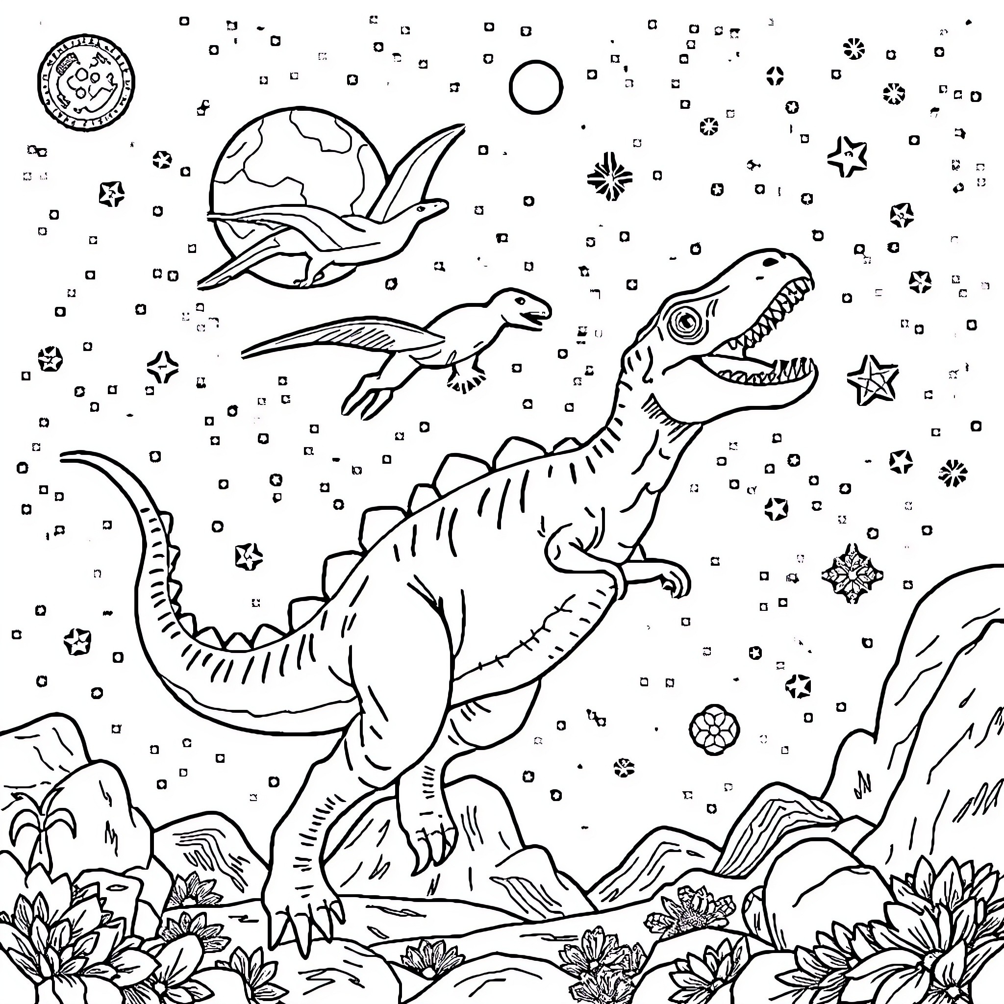Dinosaur roaring in a cosmic landscape Coloring Page (free black-and-white line drawing printable PDF for all, from beginners to advanced learners, including children, teens, adults, and seniors)