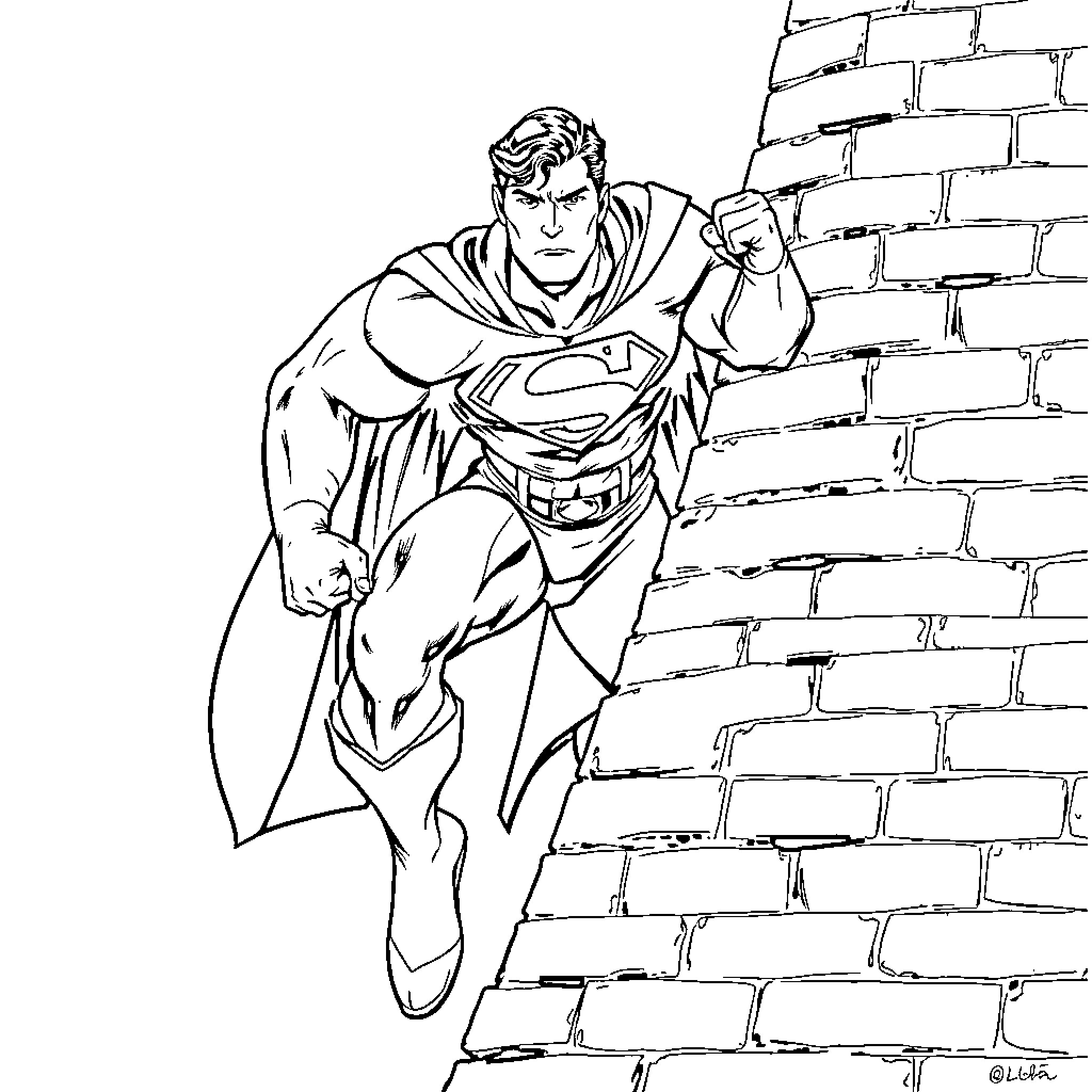 Superman breaking through a brick wall Coloring Page (free black-and-white line drawing printable PDF for all, from beginners to advanced learners, including children, teens, adults, and seniors)