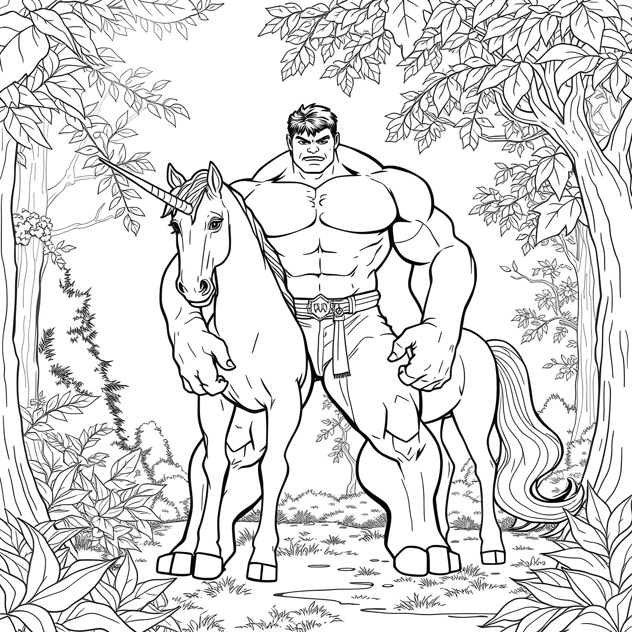 Hulk Riding a Powerful Horse in the Enchanted Forest Coloring Page (free black-and-white line drawing printable PDF for all, from beginners to advanced learners, including children, teens, adults, and seniors)