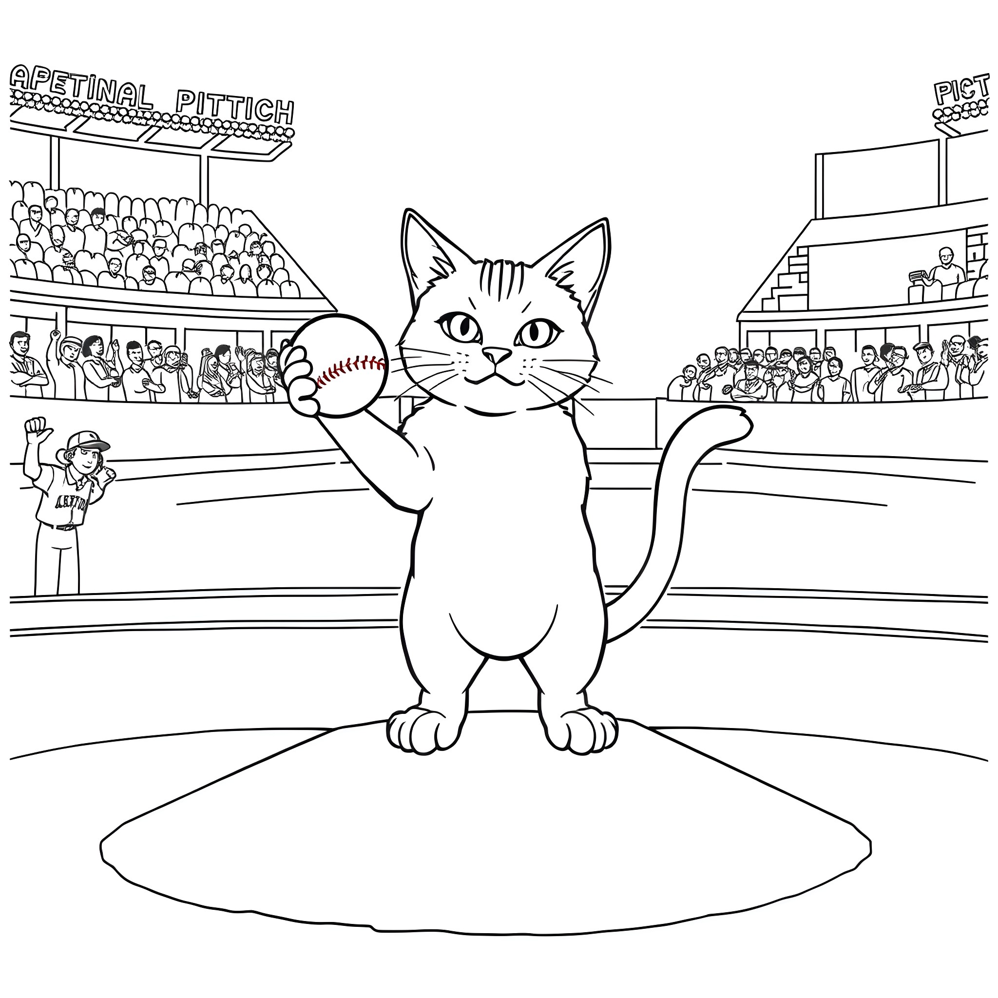 Cat playing baseball on the field Coloring Page (free black-and-white line drawing printable PDF for all, from beginners to advanced learners, including children, teens, adults, and seniors)