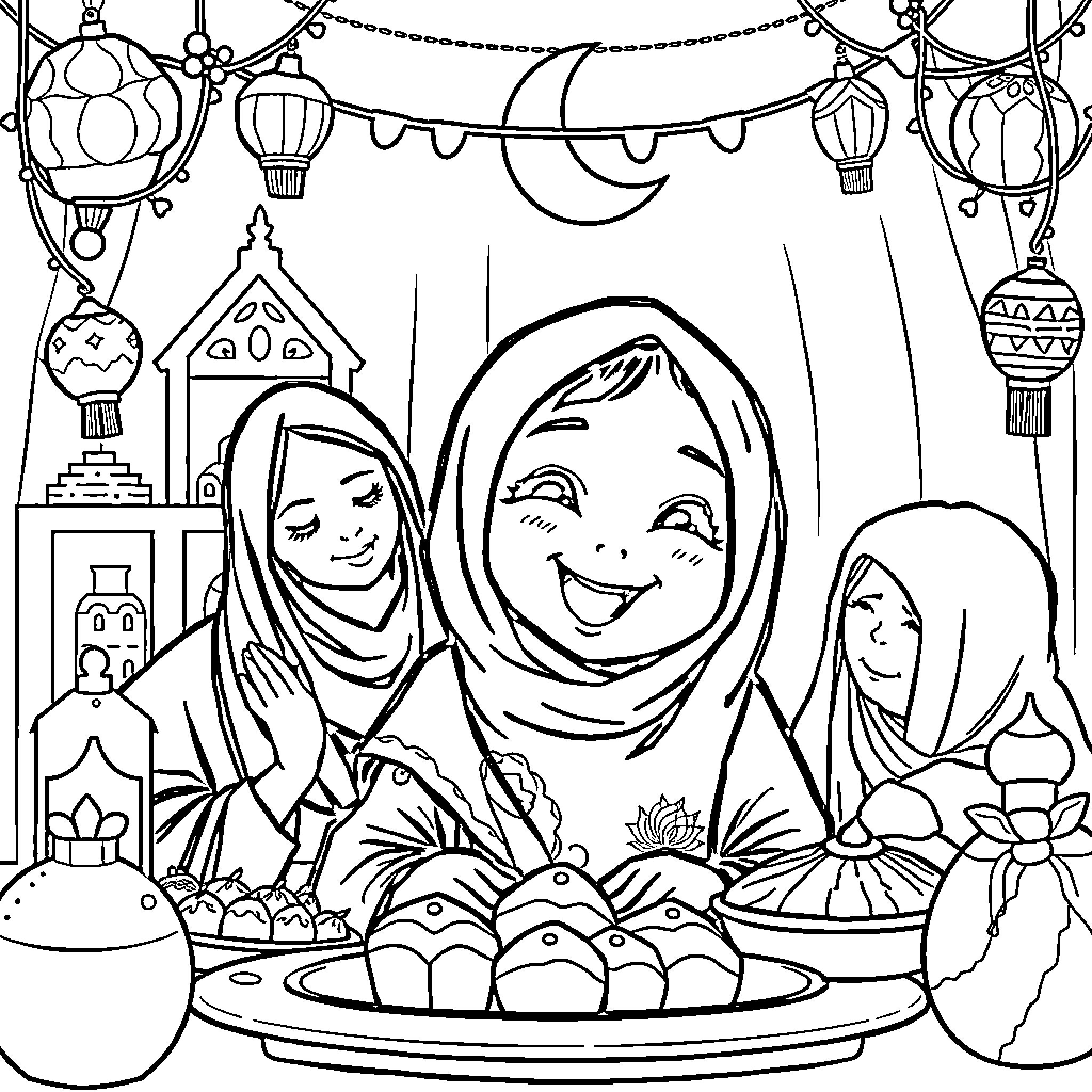 Hijabi Girls Celebrating Festive Occasion Together Coloring Page (free black-and-white line drawing printable PDF for all, from beginners to advanced learners, including children, teens, adults, and seniors)