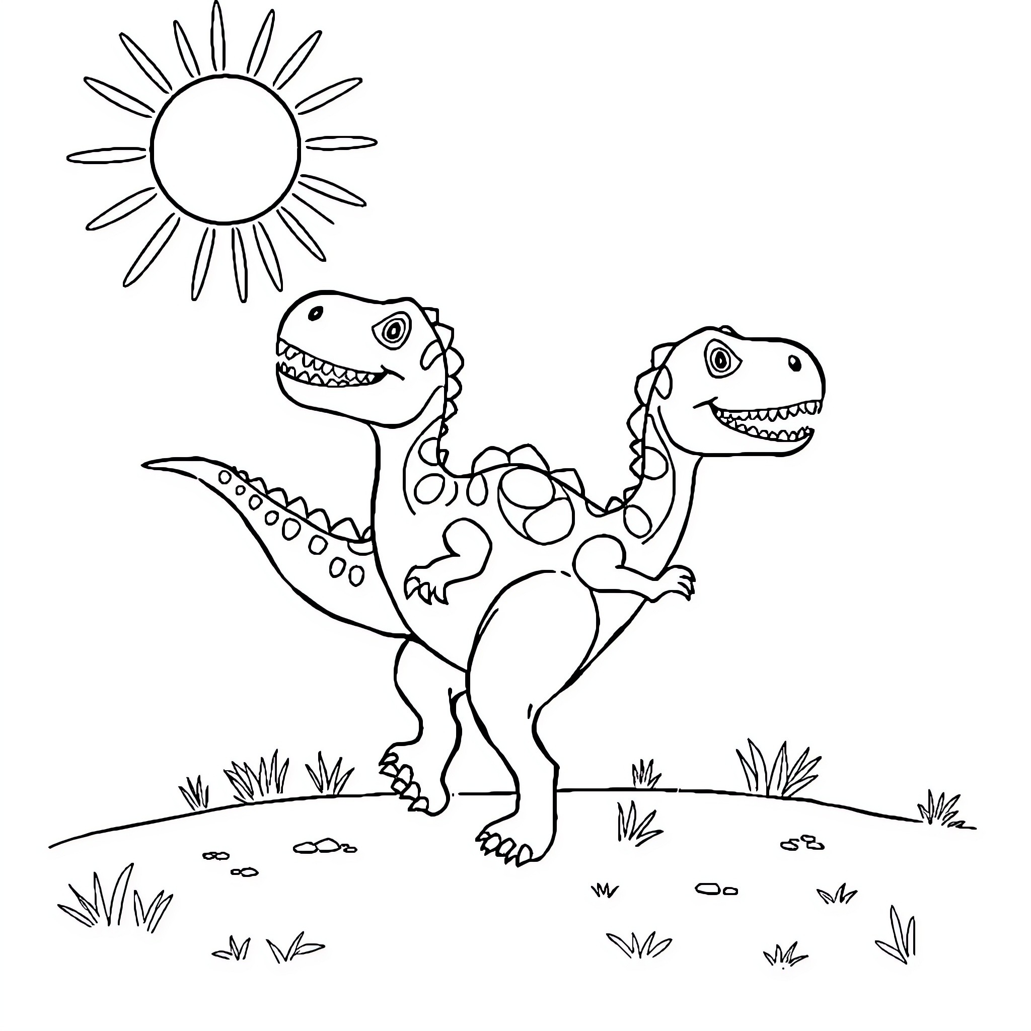 Dinosaurs playing happily in the sun Coloring Page (free black-and-white line drawing printable PDF for all, from beginners to advanced learners, including children, teens, adults, and seniors)