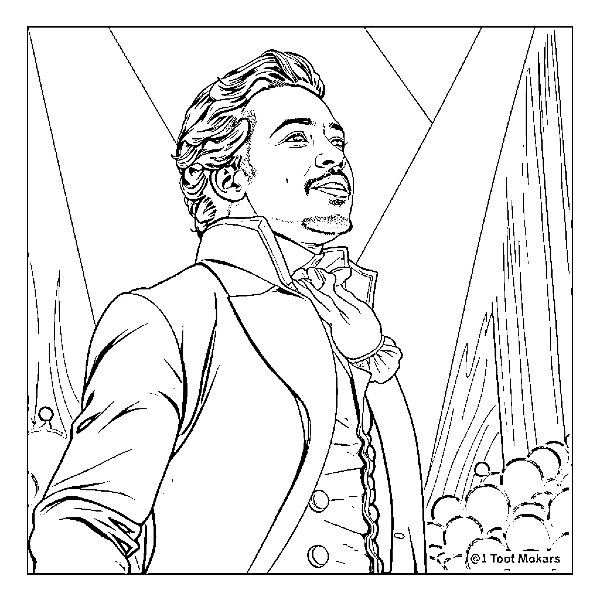 Hamilton's Passionate Performance on Stage Coloring Page (free black-and-white line drawing printable PDF for all, from beginners to advanced learners, including children, teens, adults, and seniors)