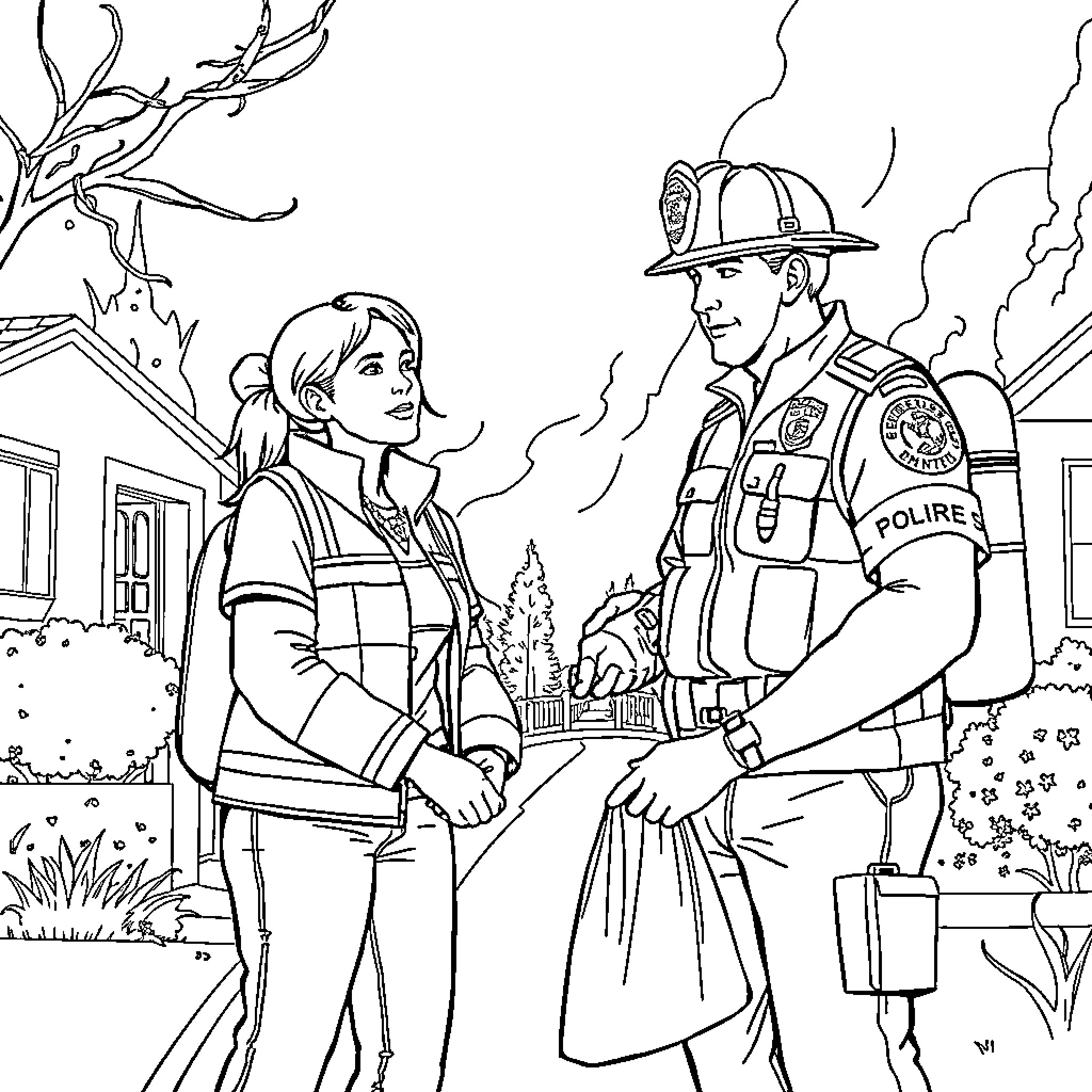 Serenazgo officers assisting a civilian in an outdoor scene Coloring Page (free black-and-white line drawing printable PDF for all, from beginners to advanced learners, including children, teens, adults, and seniors)