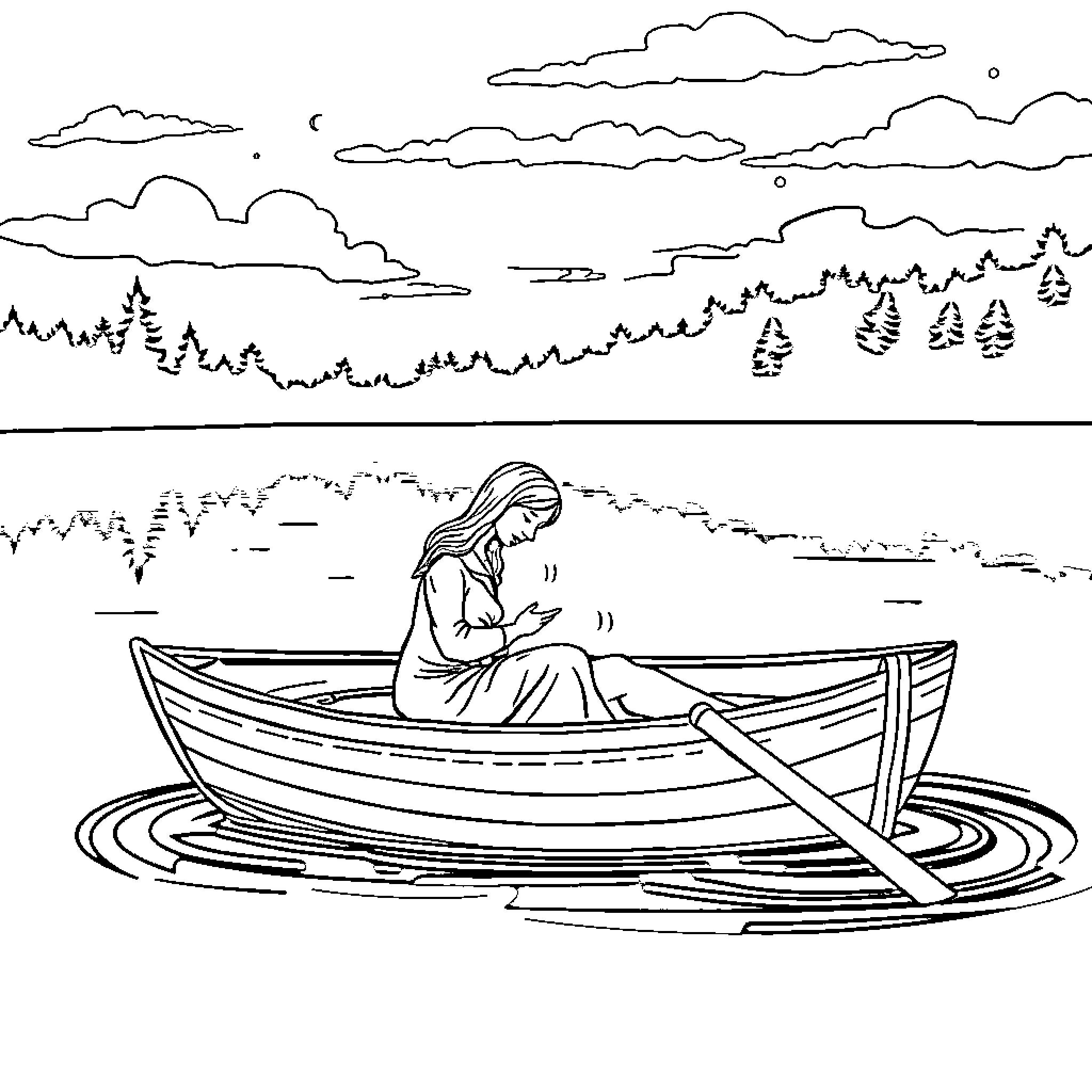 Woman contemplating in a peaceful boat ride Coloring Page (free black-and-white line drawing printable PDF for all, from beginners to advanced learners, including children, teens, adults, and seniors)