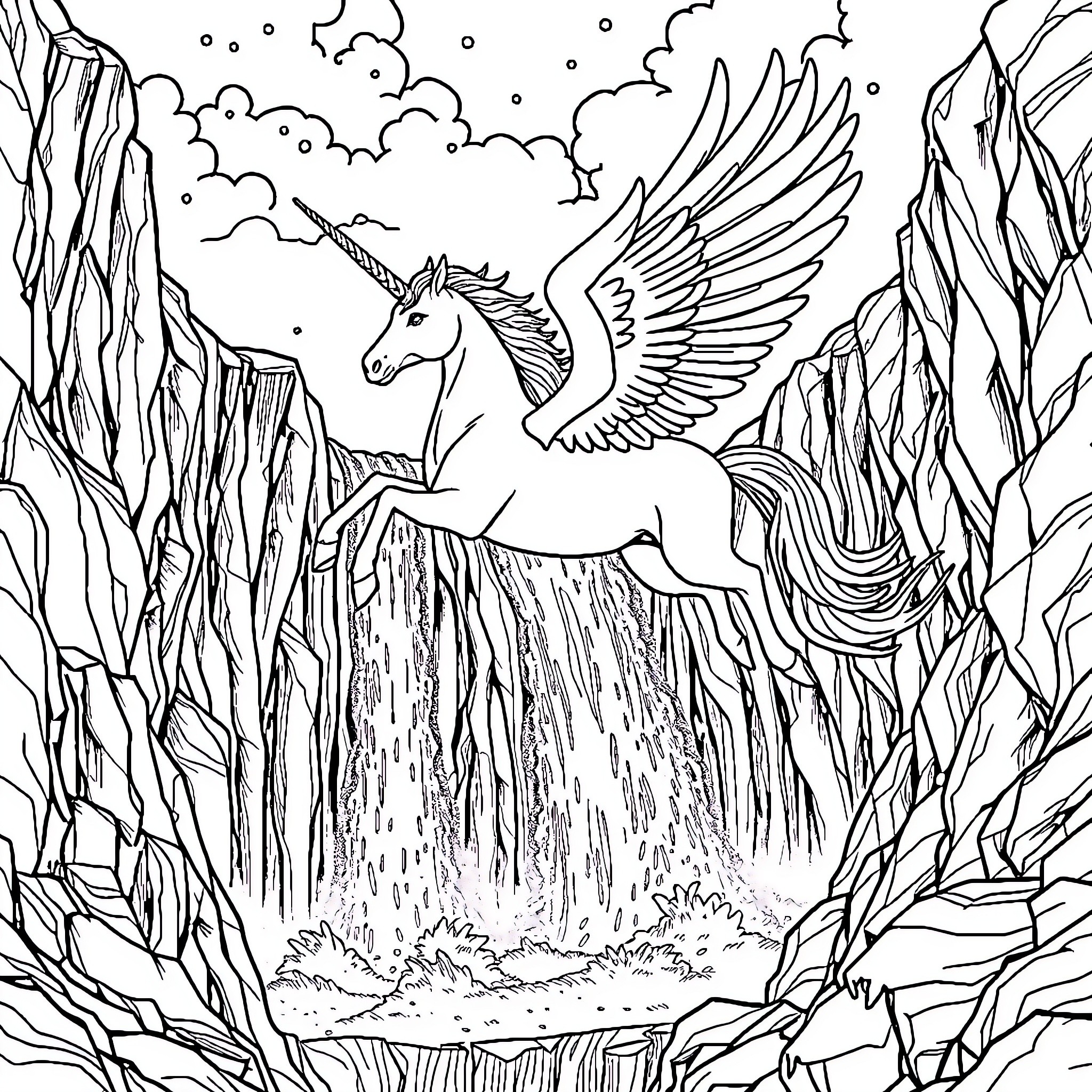 Pegasus soaring through the enchanted mountain landscape Coloring Page (free black-and-white line drawing printable PDF for all, from beginners to advanced learners, including children, teens, adults, and seniors)