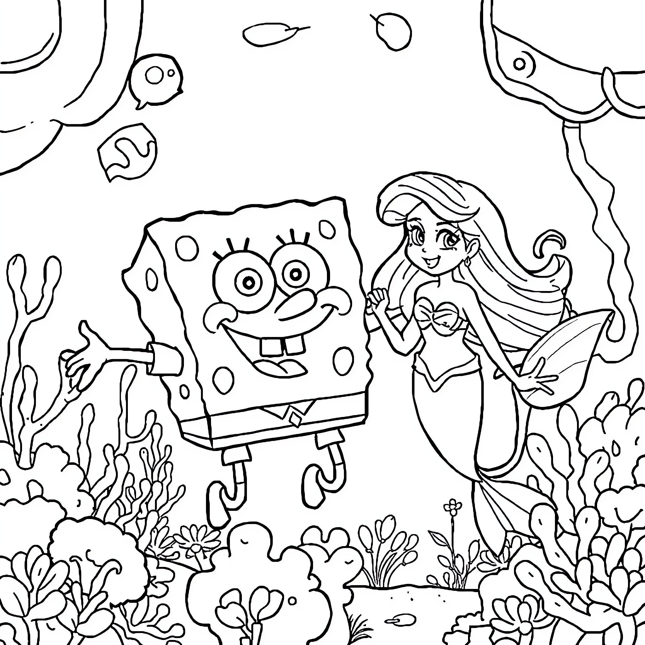 Spongebob and Mermaid enjoying underwater adventure Coloring Page (free black-and-white line drawing printable PDF for all, from beginners to advanced learners, including children, teens, adults, and seniors)