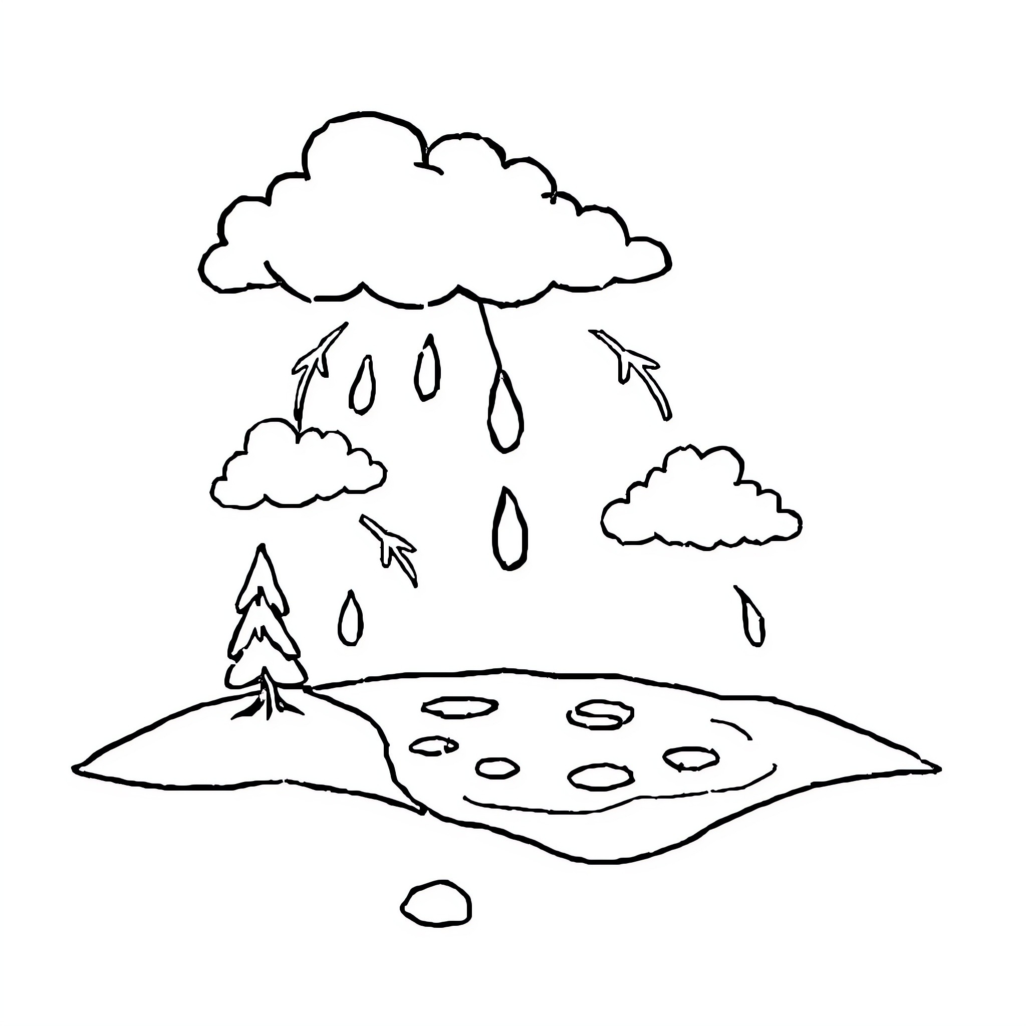 Water Cycle with Rainy Clouds and Landscape Coloring Page (free black-and-white line drawing printable PDF for all, from beginners to advanced learners, including children, teens, adults, and seniors)