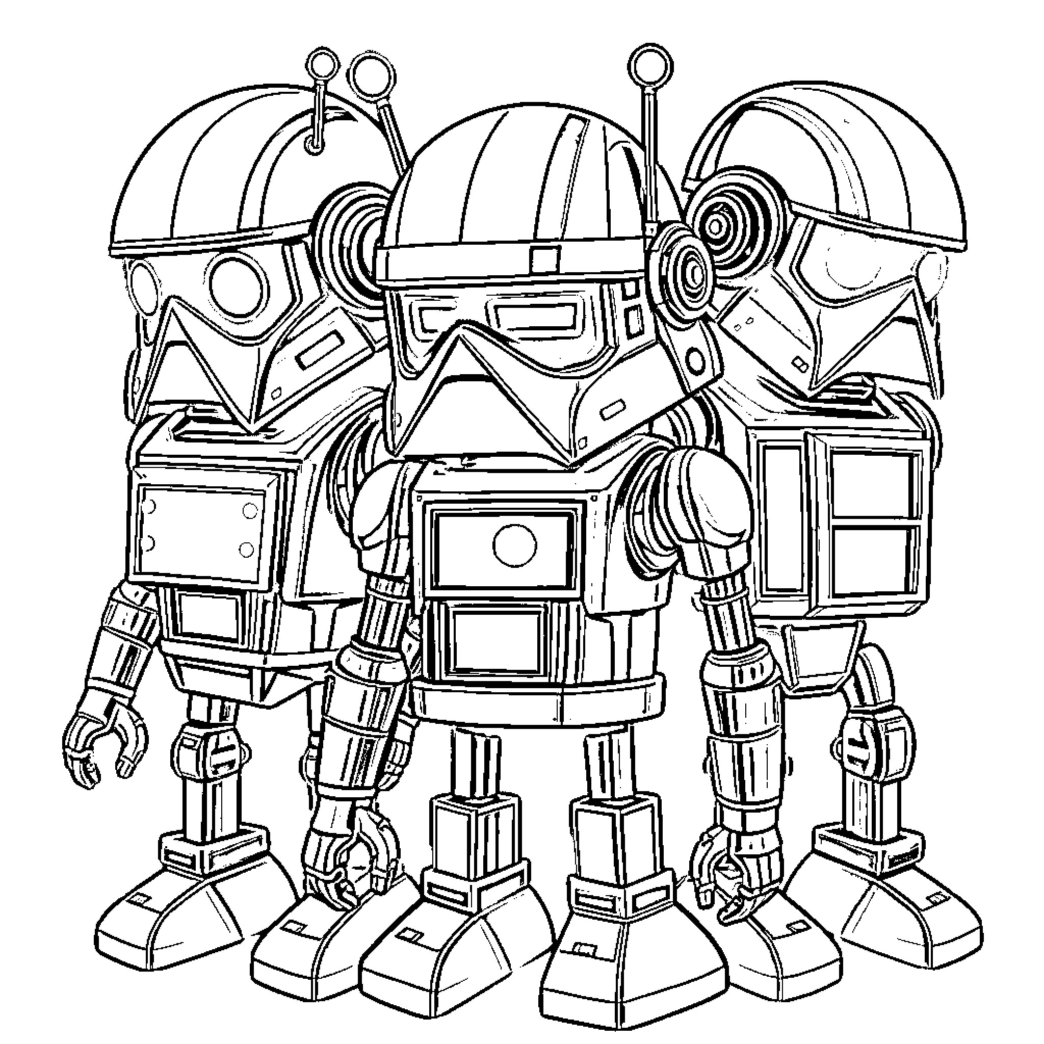 Droid Robots Engaged in Futuristic Maneuvers Coloring Page (free black-and-white line drawing printable PDF for all, from beginners to advanced learners, including children, teens, adults, and seniors)