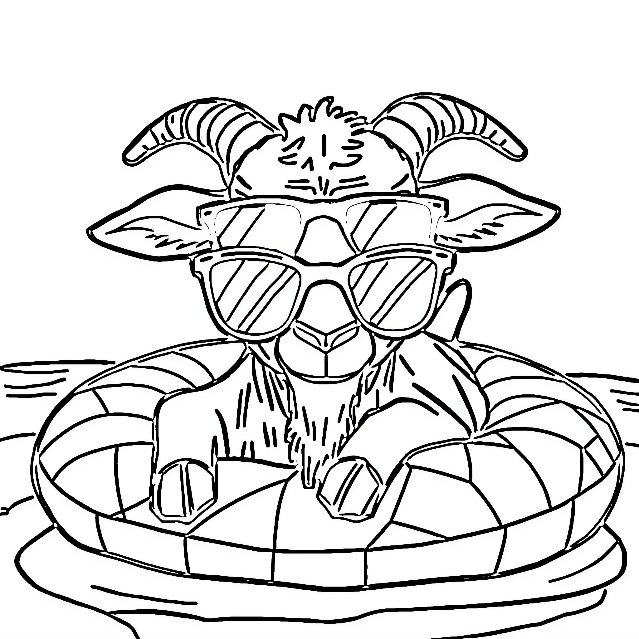 Goat relaxing in sunglasses on tropical cushion Coloring Page (free black-and-white line drawing printable PDF for all, from beginners to advanced learners, including children, teens, adults, and seniors)