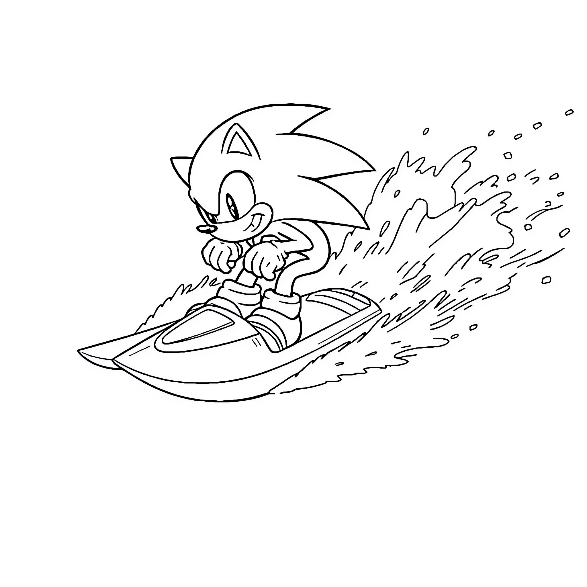 Sonic speeding on a water jet ski Coloring Page (free black-and-white line drawing printable PDF for all, from beginners to advanced learners, including children, teens, adults, and seniors)