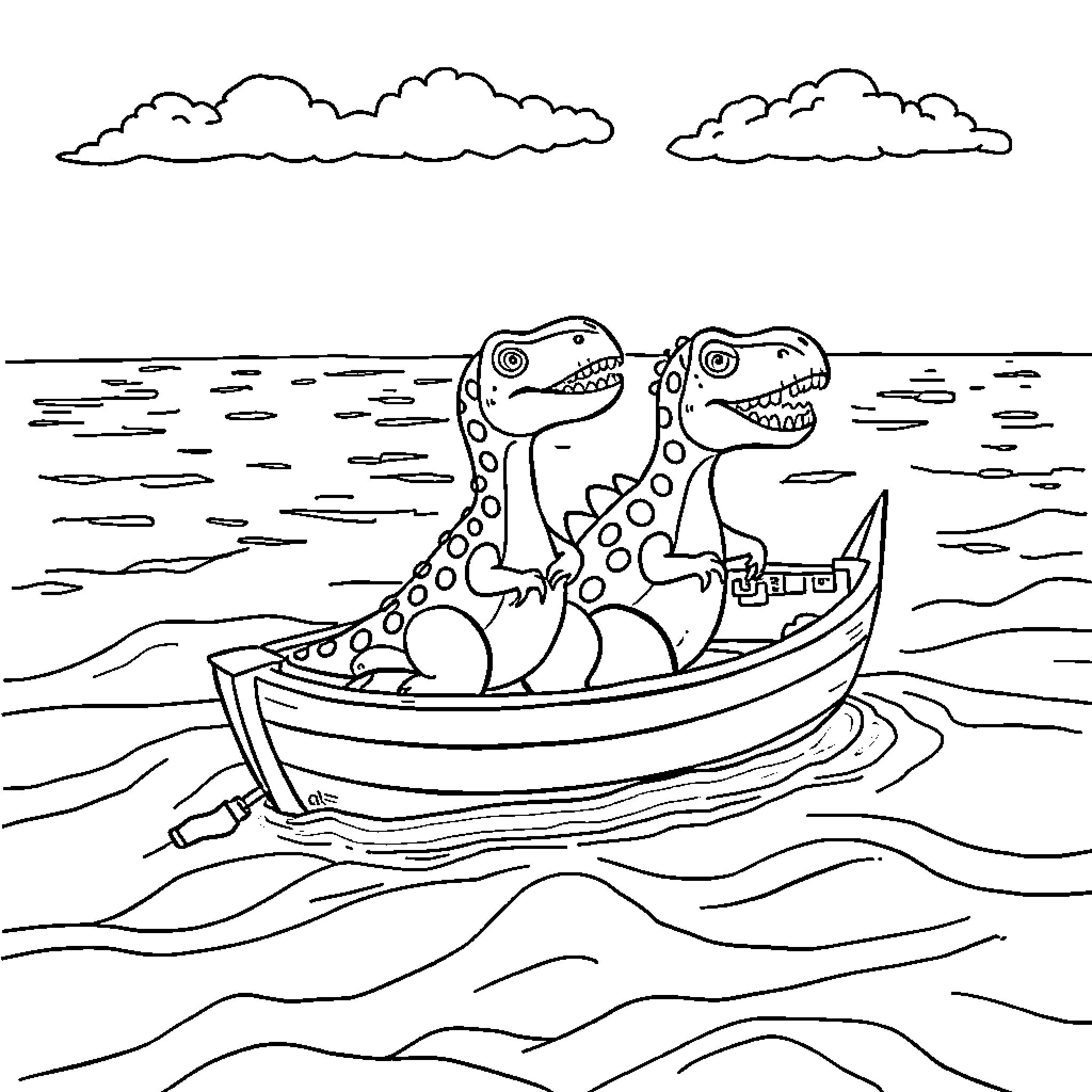 Dinosaurs sailing on a boat in the ocean Coloring Page (free black-and-white line drawing printable PDF for all, from beginners to advanced learners, including children, teens, adults, and seniors)