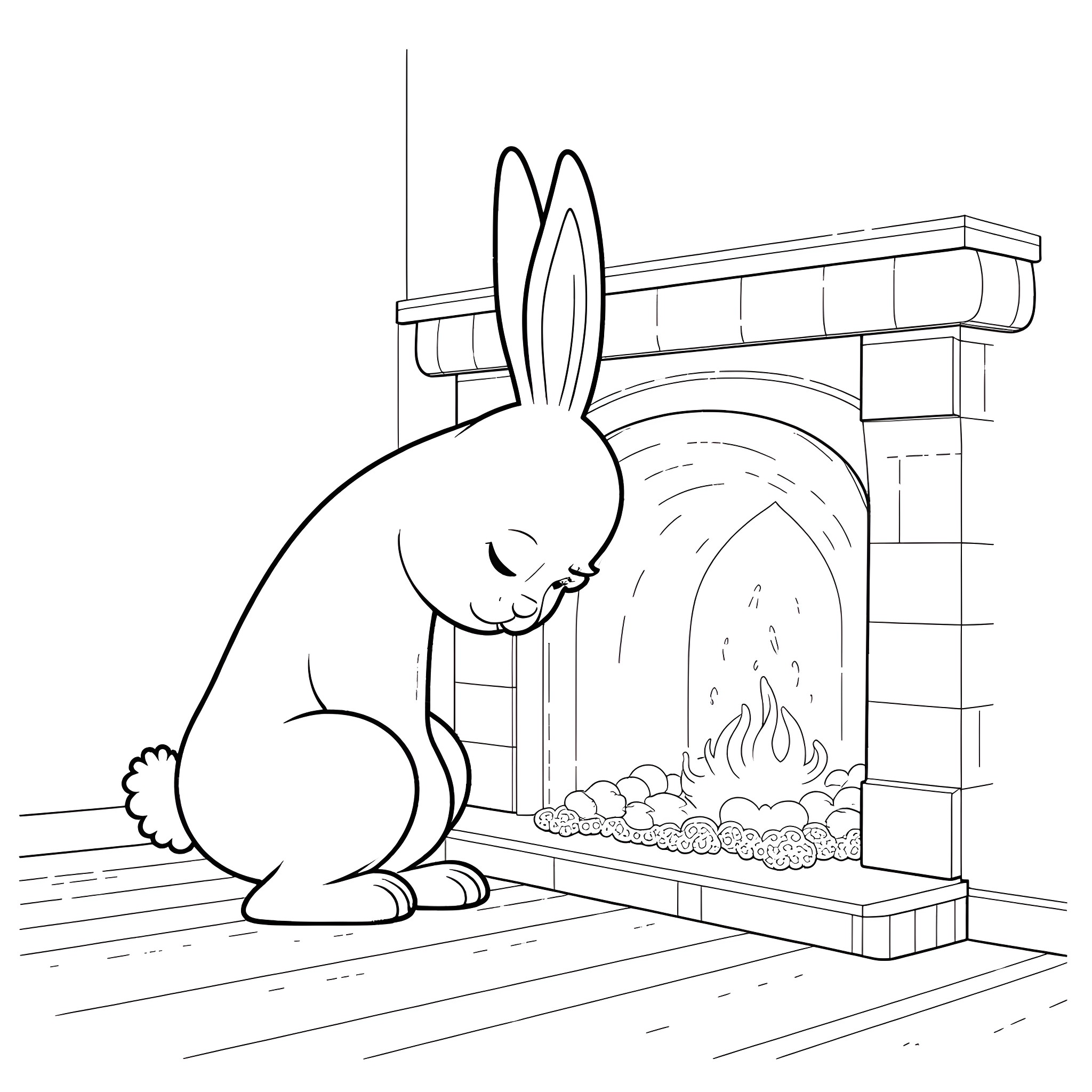 Bunny by the cozy fireplace Coloring Page (free black-and-white line drawing printable PDF for all, from beginners to advanced learners, including children, teens, adults, and seniors)