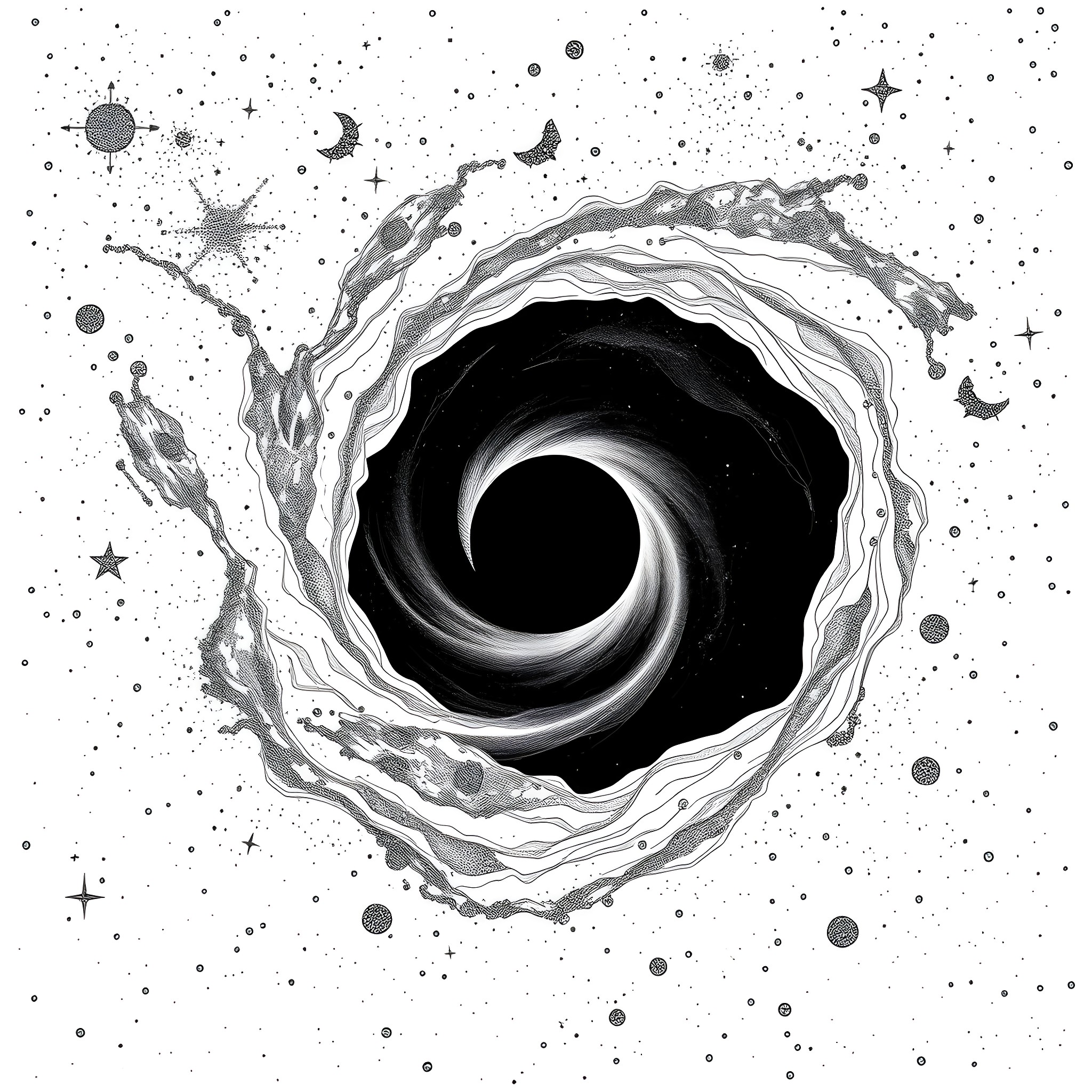 Space vortex and cosmic phenomena Coloring Page (free black-and-white line drawing printable PDF for all, from beginners to advanced learners, including children, teens, adults, and seniors)