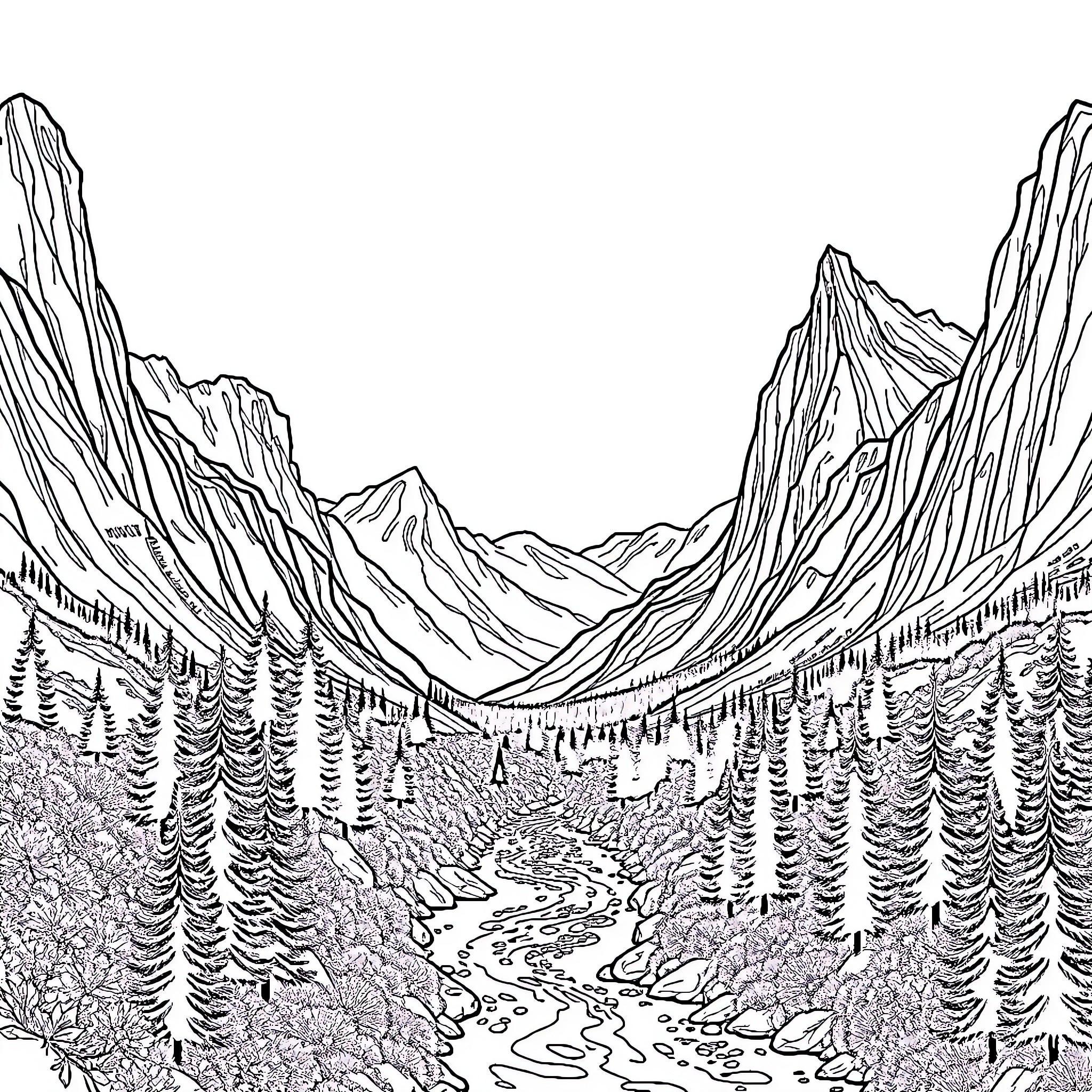 Mountain landscape with winding river and forest Coloring Page (free black-and-white line drawing printable PDF for all, from beginners to advanced learners, including children, teens, adults, and seniors)