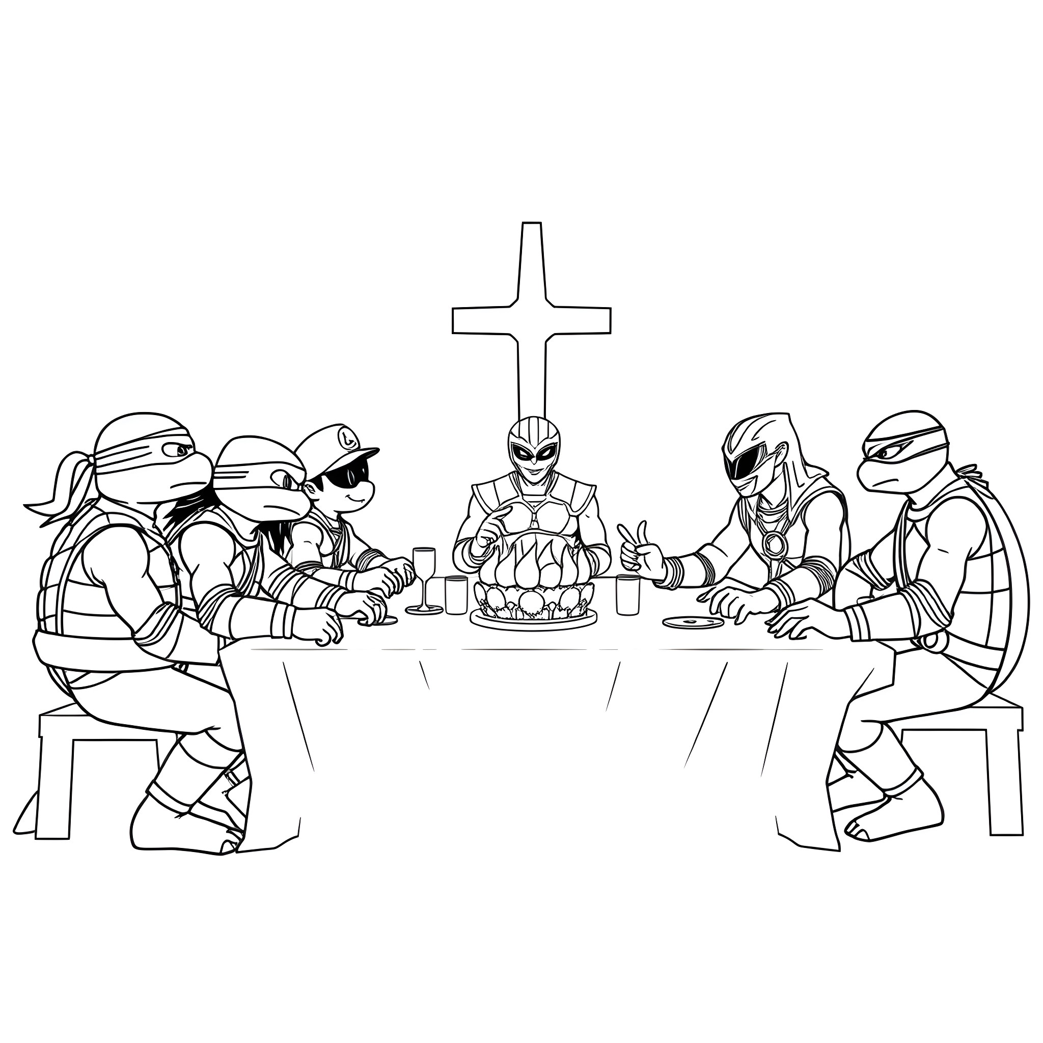 Ninja Turtles Sharing a Meal Together Coloring Page (free black-and-white line drawing printable PDF for all, from beginners to advanced learners, including children, teens, adults, and seniors)