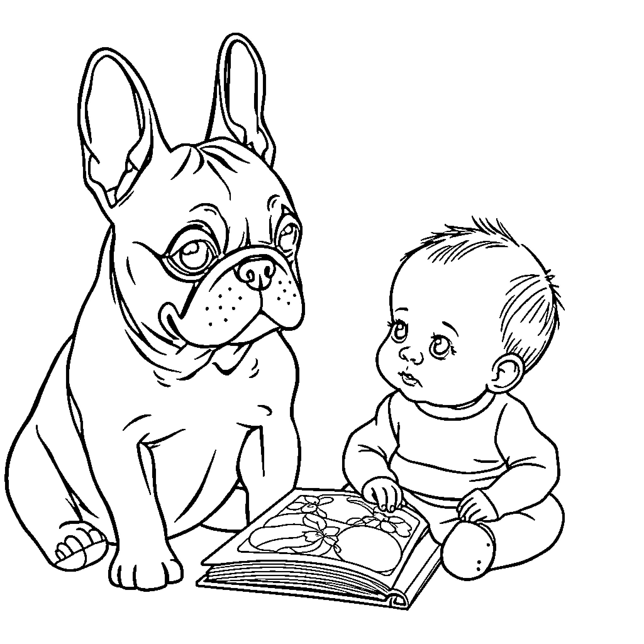French Bulldog and Baby Playing with Books Coloring Page (free black-and-white line drawing printable PDF for all, from beginners to advanced learners, including children, teens, adults, and seniors)