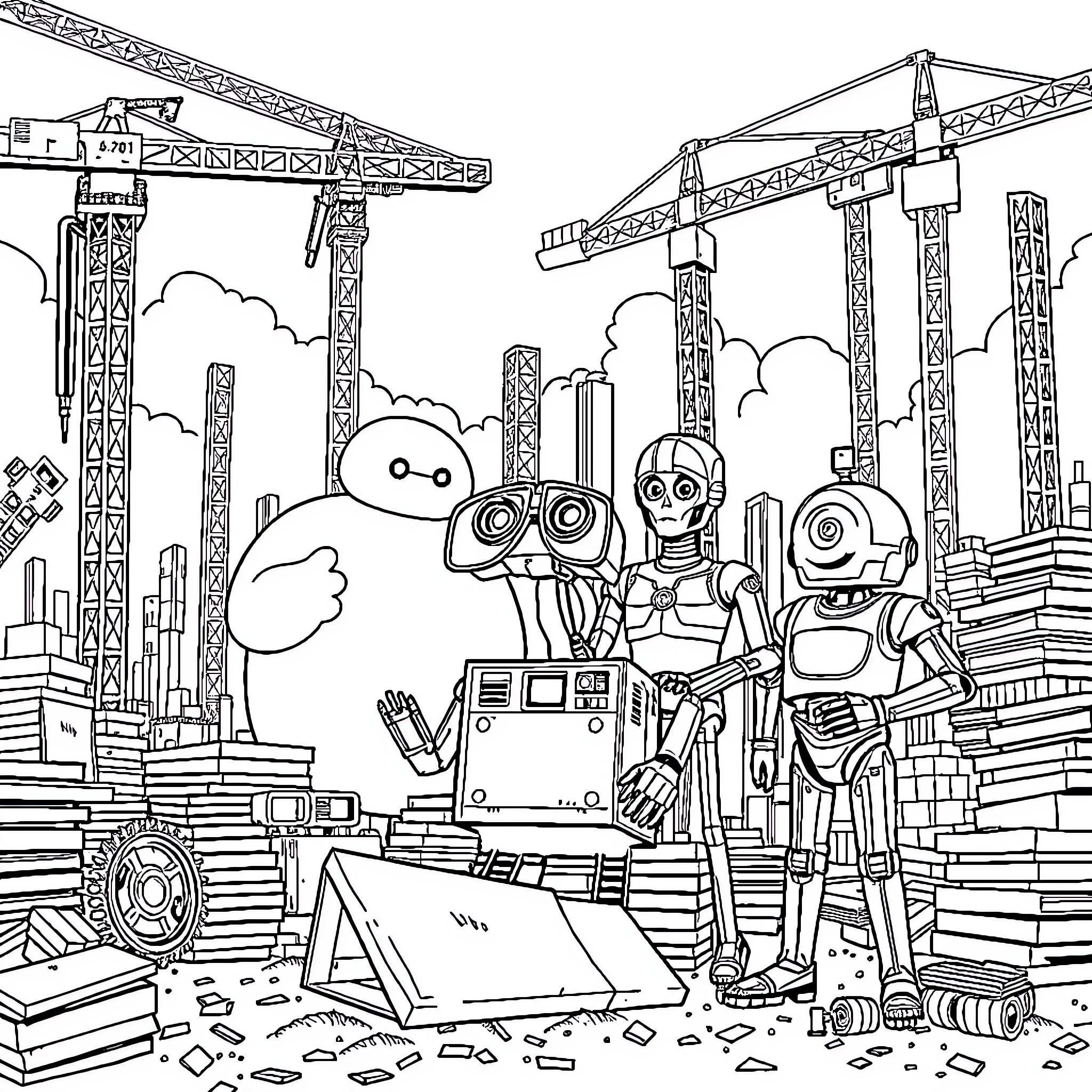 Robot construction crew at futuristic work site Coloring Page (free black-and-white line drawing printable PDF for all, from beginners to advanced learners, including children, teens, adults, and seniors)