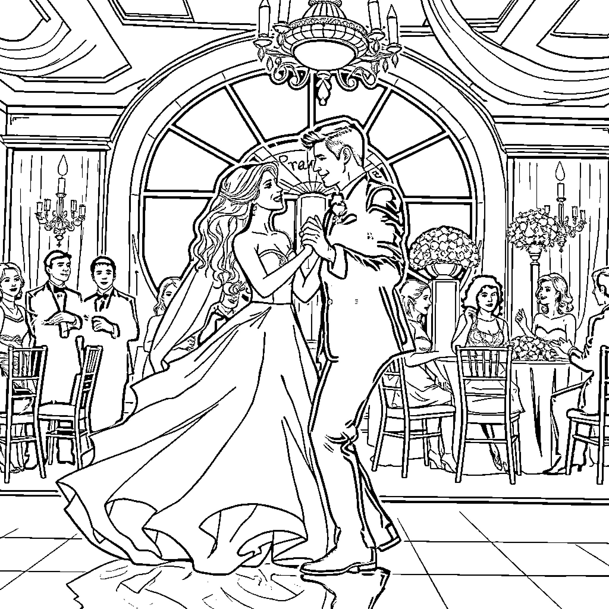 Bride and Groom Dancing Elegantly at Formal Wedding Celebration Coloring Page (free black-and-white line drawing printable PDF for all, from beginners to advanced learners, including children, teens, adults, and seniors)