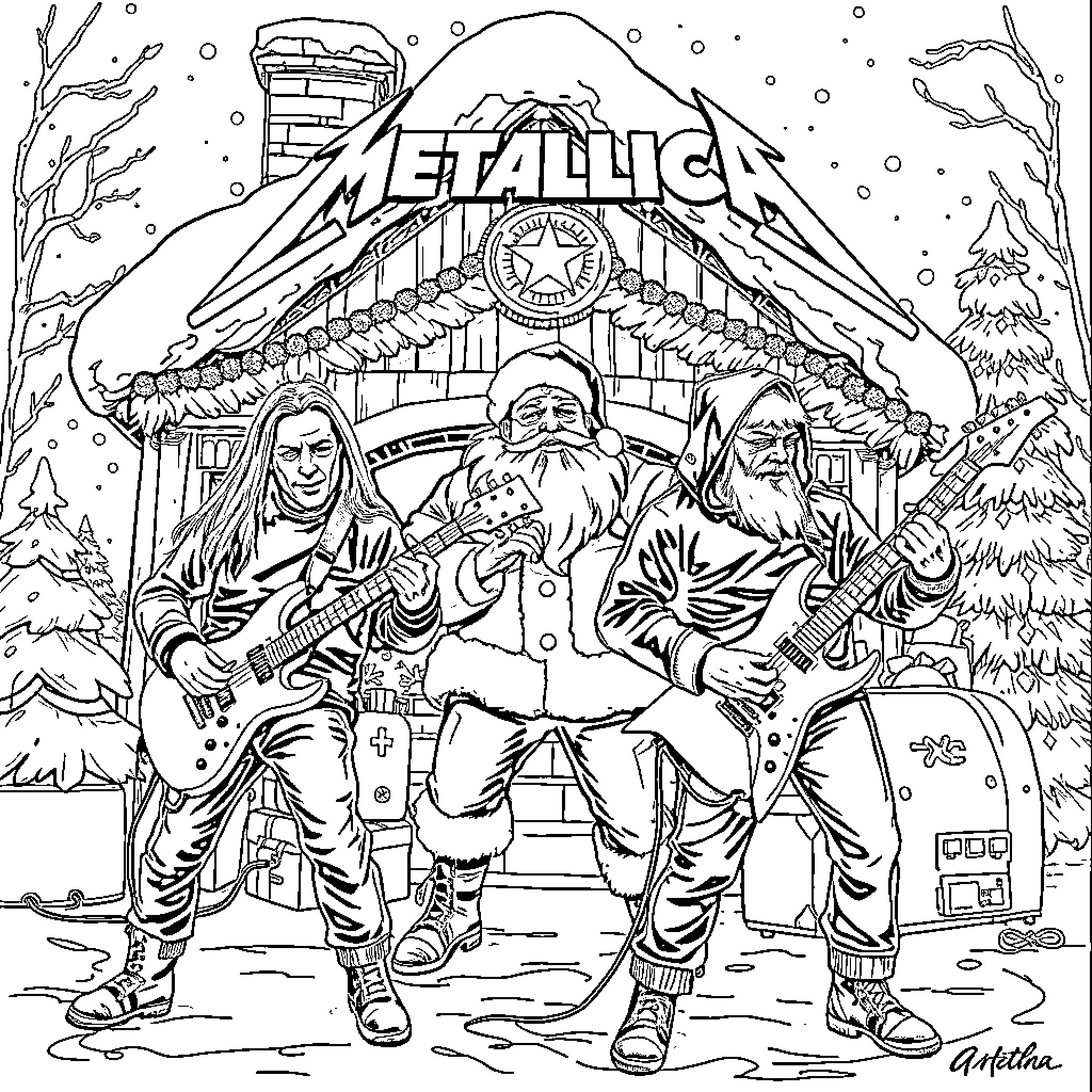 Metallica performing in a winter wonderland Coloring Page (free black-and-white line drawing printable PDF for all, from beginners to advanced learners, including children, teens, adults, and seniors)