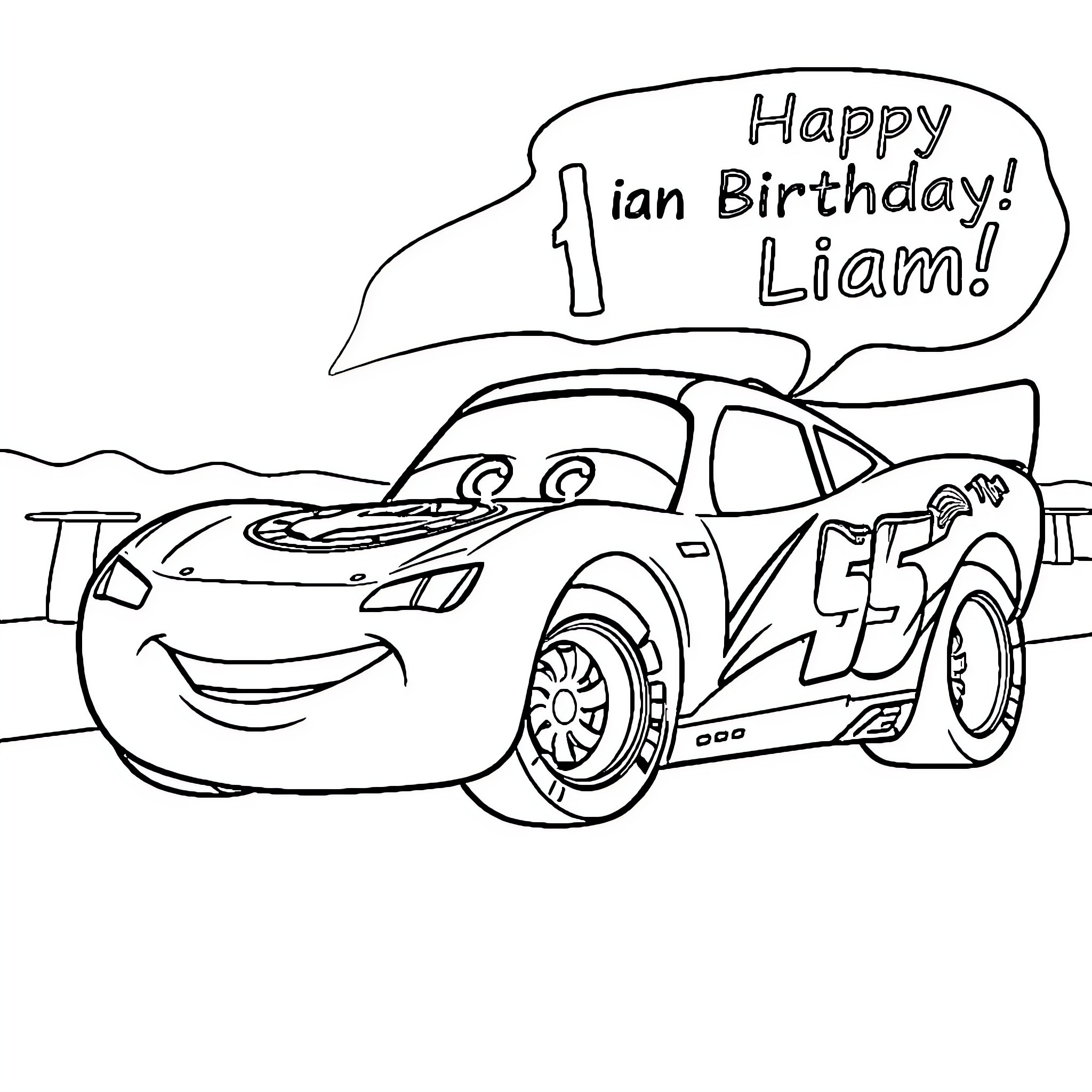 Lightning McQueen wishing Liam a happy birthday Coloring Page (free black-and-white line drawing printable PDF for all, from beginners to advanced learners, including children, teens, adults, and seniors)
