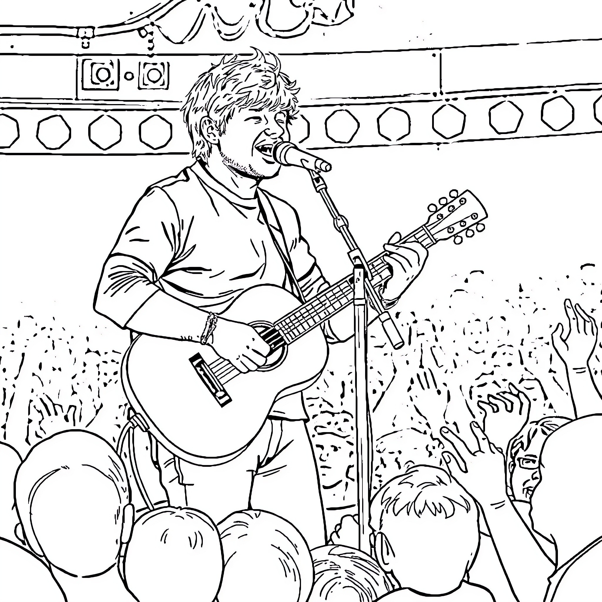 Ed Sheeran Performing on Stage with Audience Coloring Page (free black-and-white line drawing printable PDF for all, from beginners to advanced learners, including children, teens, adults, and seniors)