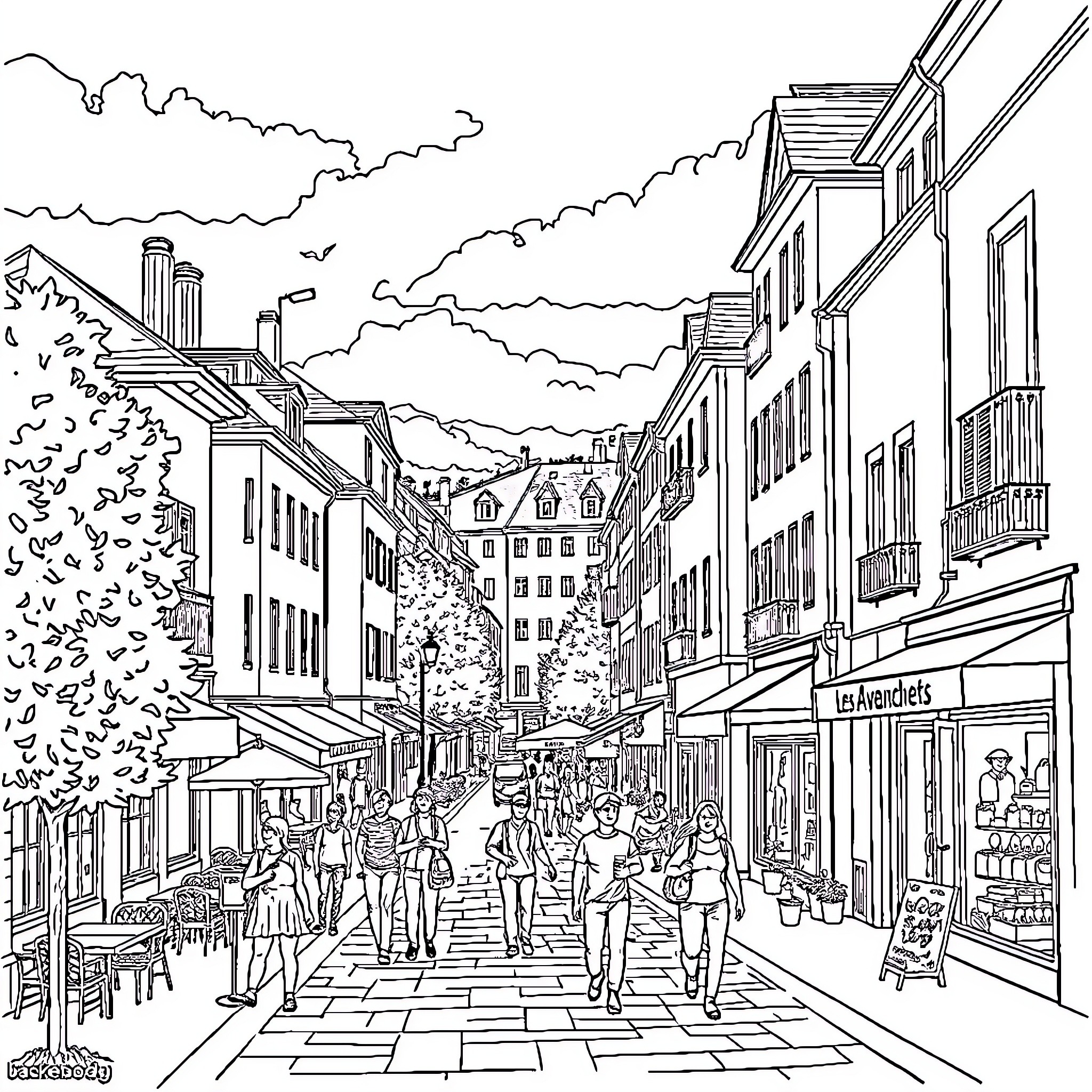 Les Avanchets: A Bustling Street Scene with People Coloring Page (free black-and-white line drawing printable PDF for all, from beginners to advanced learners, including children, teens, adults, and seniors)
