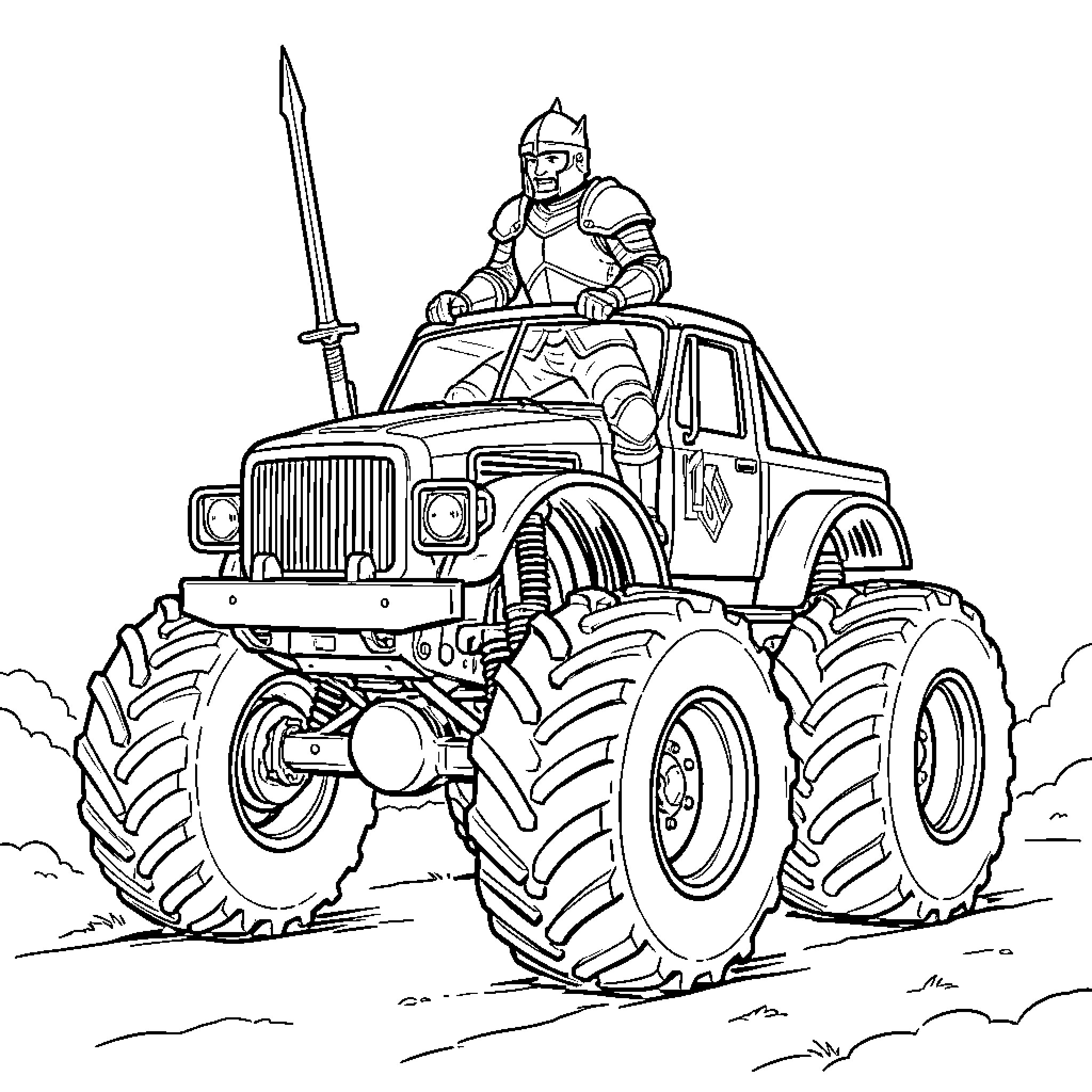 Knight on Mighty Monster Truck in Battle Coloring Page (free black-and-white line drawing printable PDF for all, from beginners to advanced learners, including children, teens, adults, and seniors)
