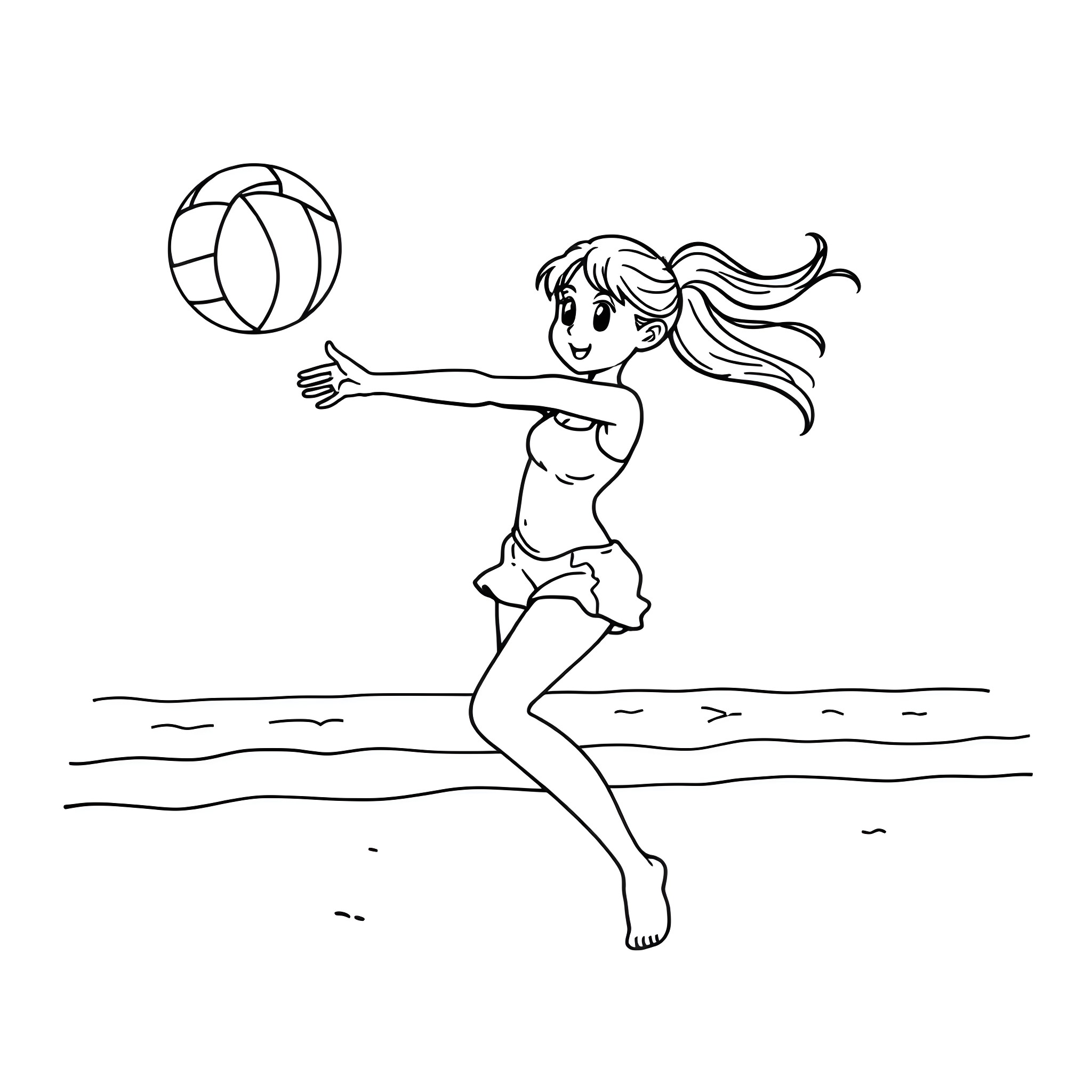 Girl playing with beach ball on the beach Coloring Page (free black-and-white line drawing printable PDF for all, from beginners to advanced learners, including children, teens, adults, and seniors)