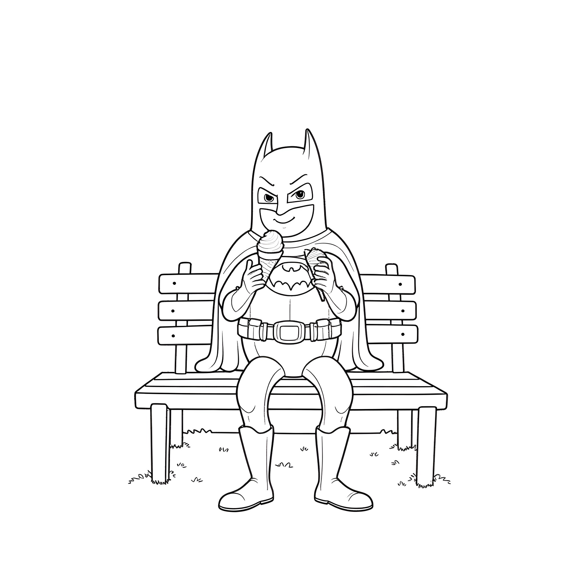 Batman sitting on a bench eating an ice cream cone Coloring Page (free black-and-white line drawing printable PDF for all, from beginners to advanced learners, including children, teens, adults, and seniors)