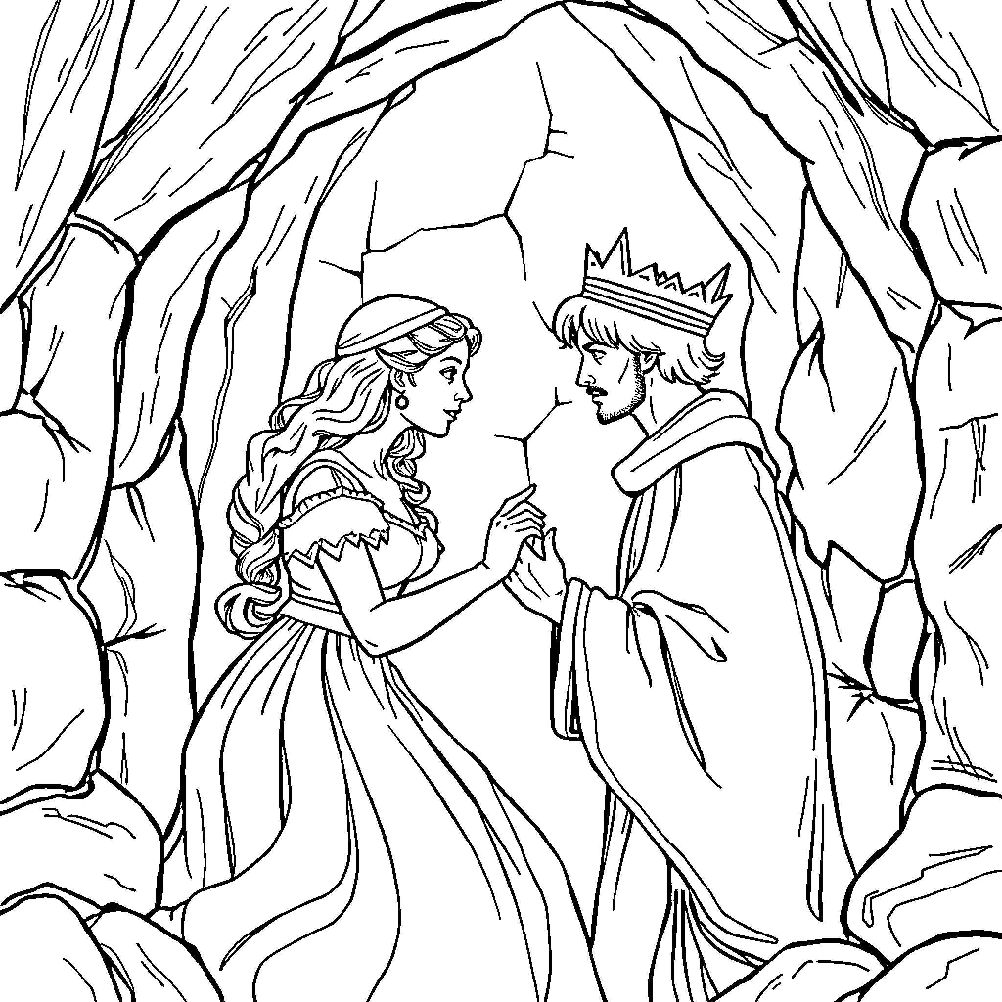 Julieta's Enchanted Encounter with the Prince Coloring Page (free black-and-white line drawing printable PDF for all, from beginners to advanced learners, including children, teens, adults, and seniors)