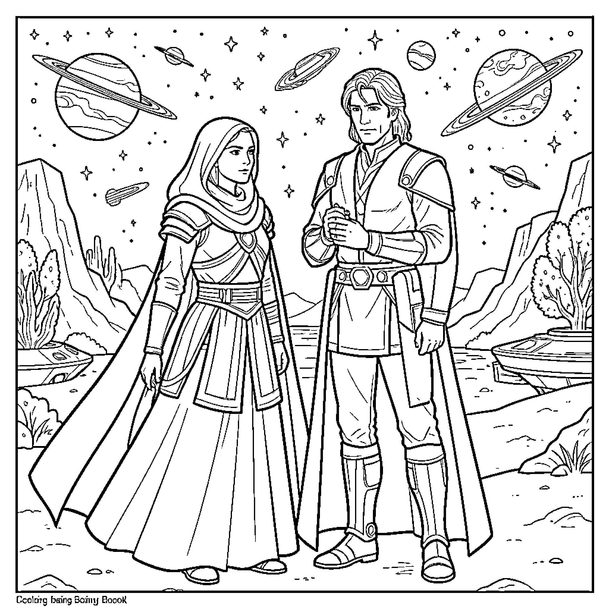 Padme and Anakin in space adventure Coloring Page (free black-and-white line drawing printable PDF for all, from beginners to advanced learners, including children, teens, adults, and seniors)