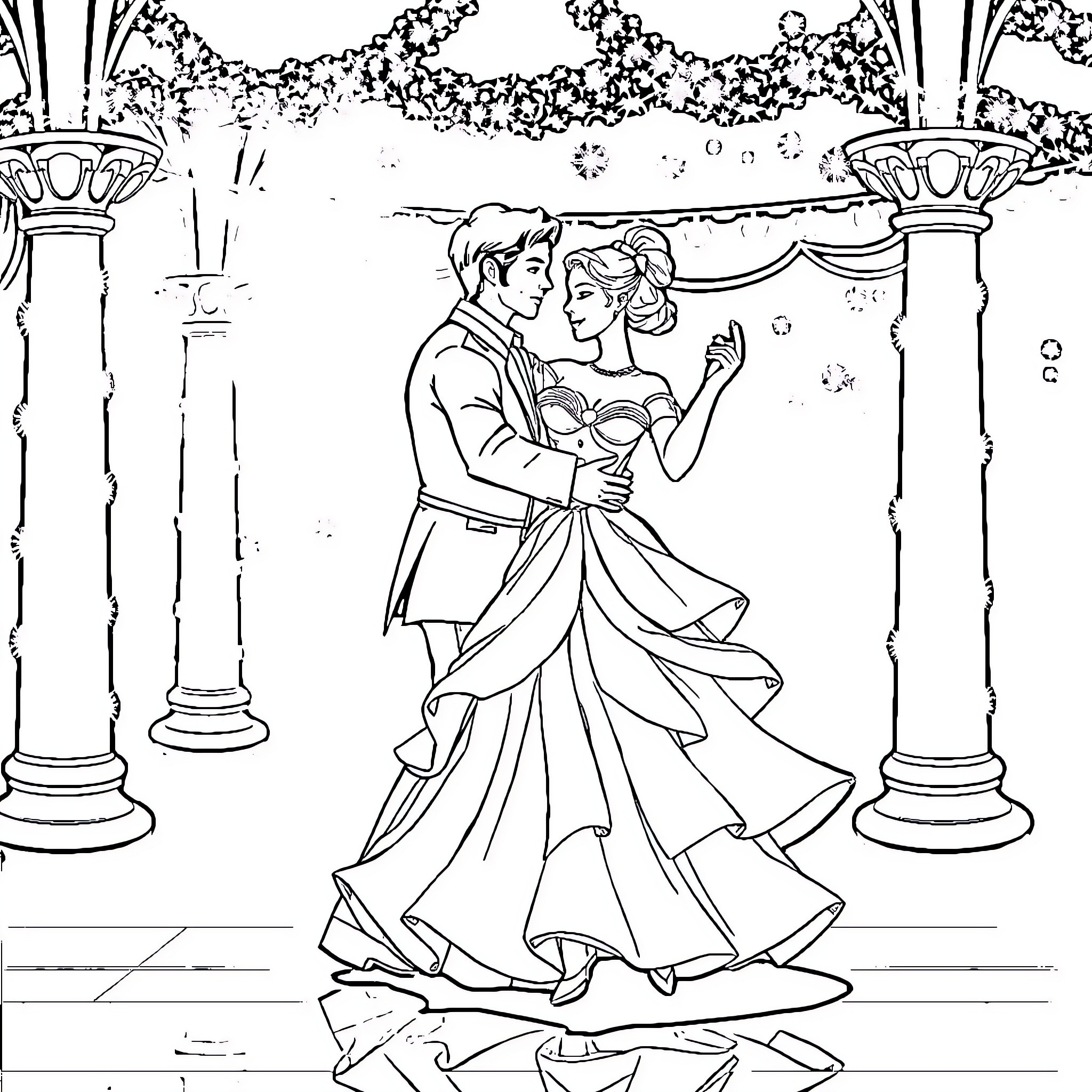 Dancer couple in a romantic ballroom scene Coloring Page (free black-and-white line drawing printable PDF for all, from beginners to advanced learners, including children, teens, adults, and seniors)