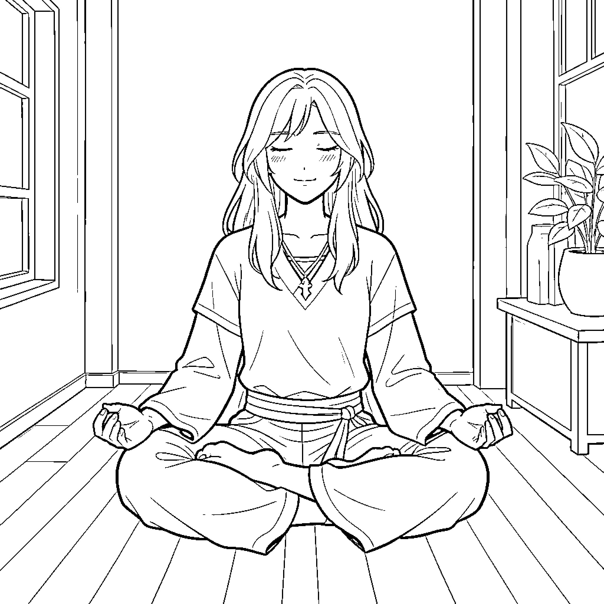Rumi meditating peacefully in a serene setting Coloring Page (free black-and-white line drawing printable PDF for all, from beginners to advanced learners, including children, teens, adults, and seniors)
