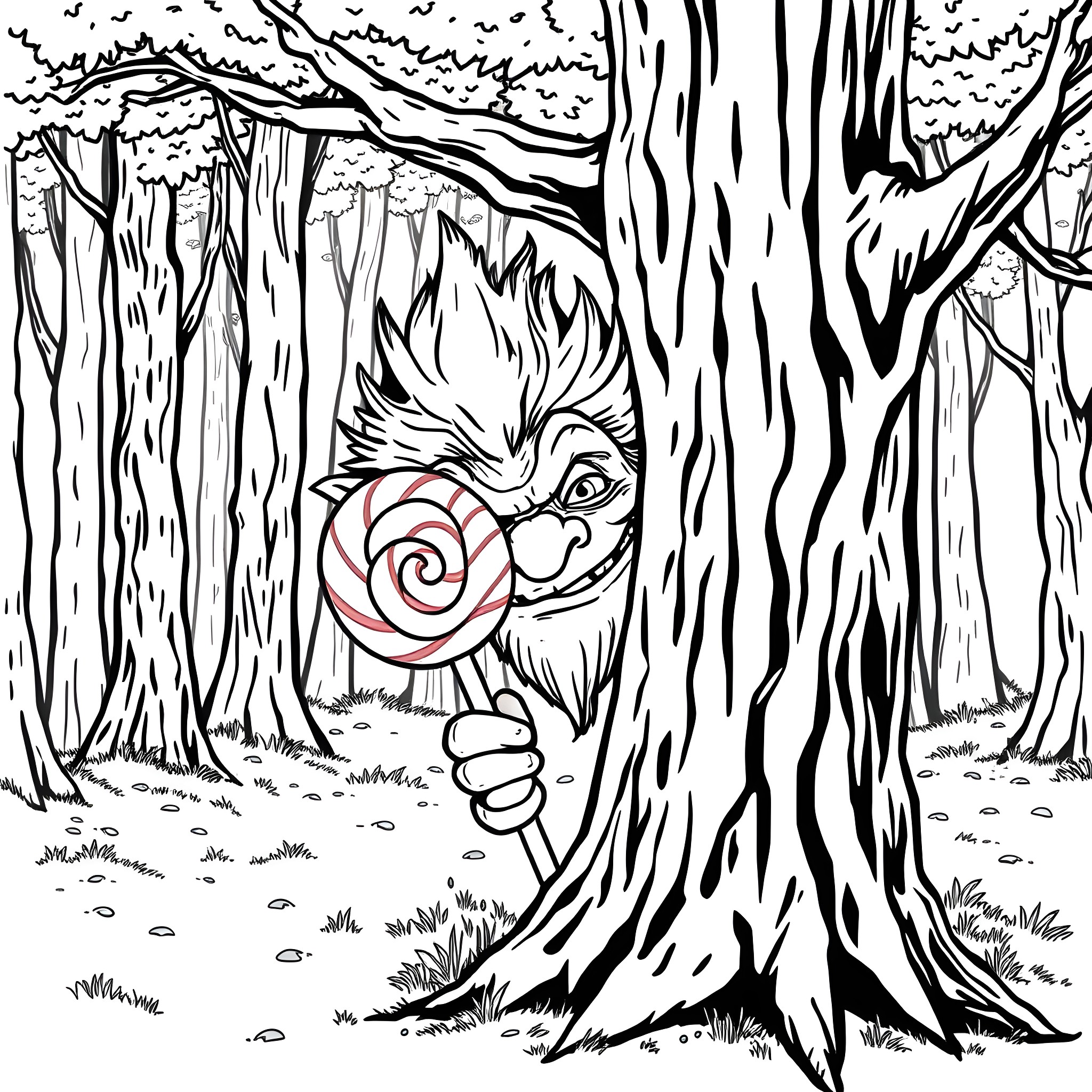 Troll peering mischievously from a spooky forest Coloring Page (free black-and-white line drawing printable PDF for all, from beginners to advanced learners, including children, teens, adults, and seniors)