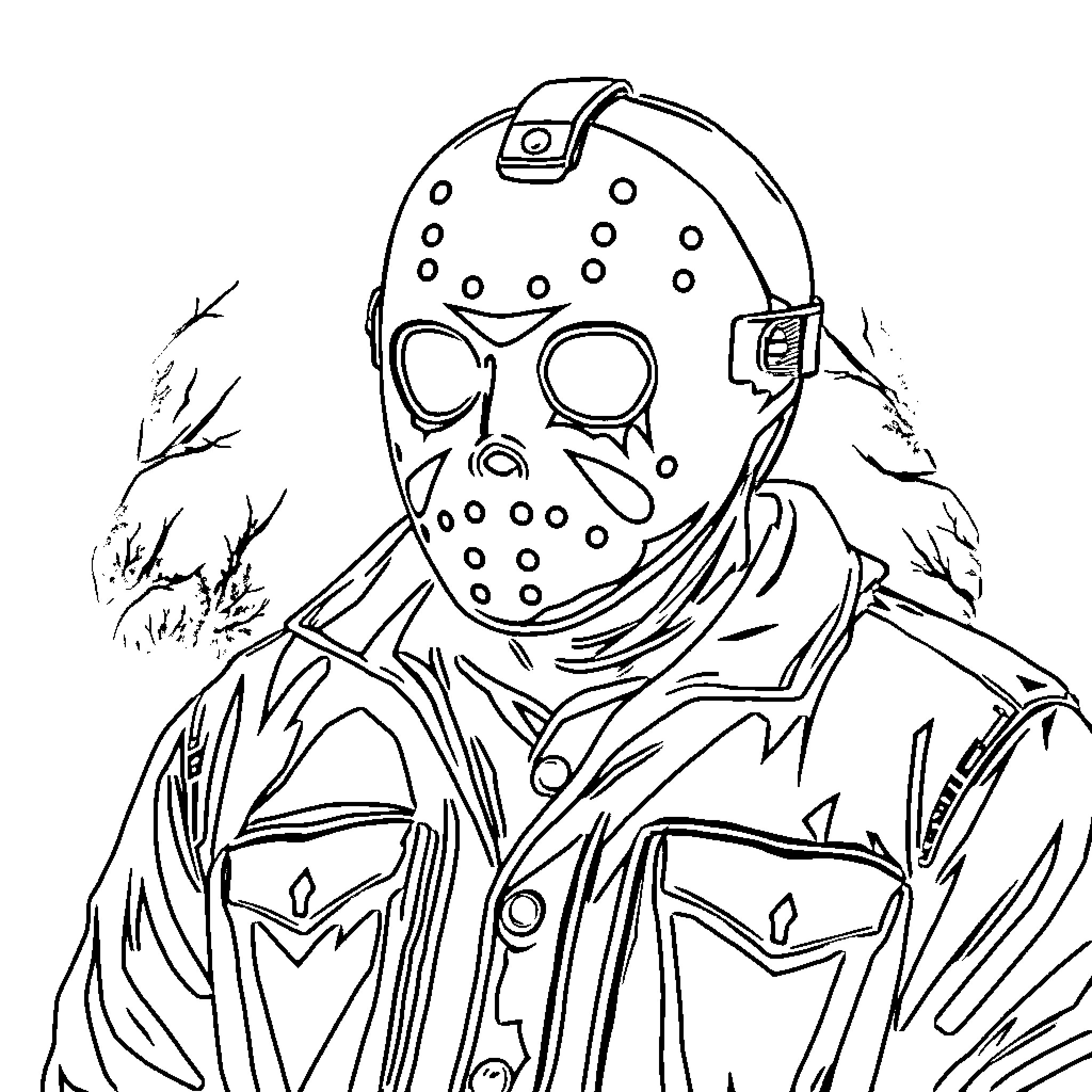 Jason Voorhees in Iconic Slasher Outfit Coloring Page (free black-and-white line drawing printable PDF for all, from beginners to advanced learners, including children, teens, adults, and seniors)