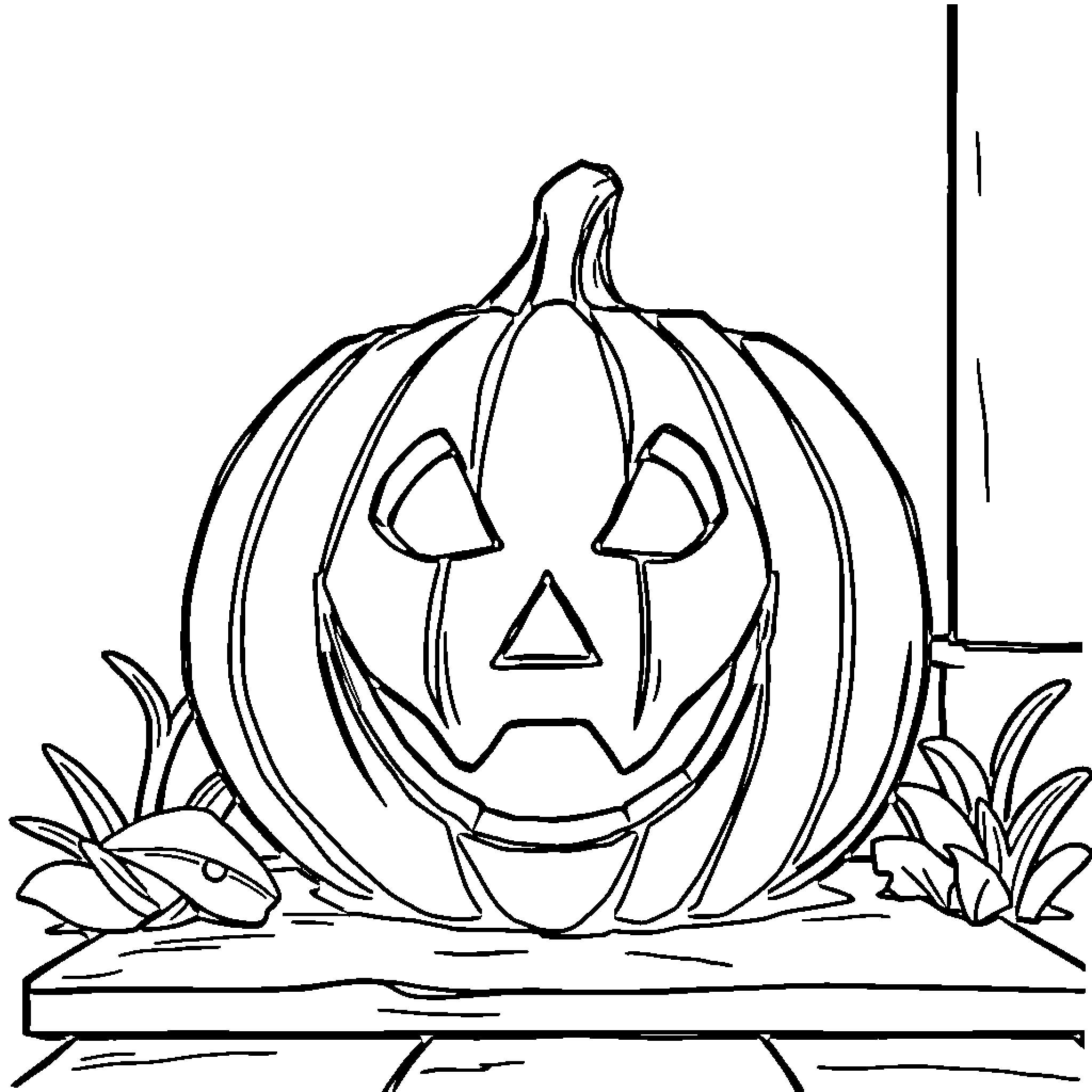 Jack O'Lantern glowing cheerfully in a spooky setting Coloring Page (free black-and-white line drawing printable PDF for all, from beginners to advanced learners, including children, teens, adults, and seniors)