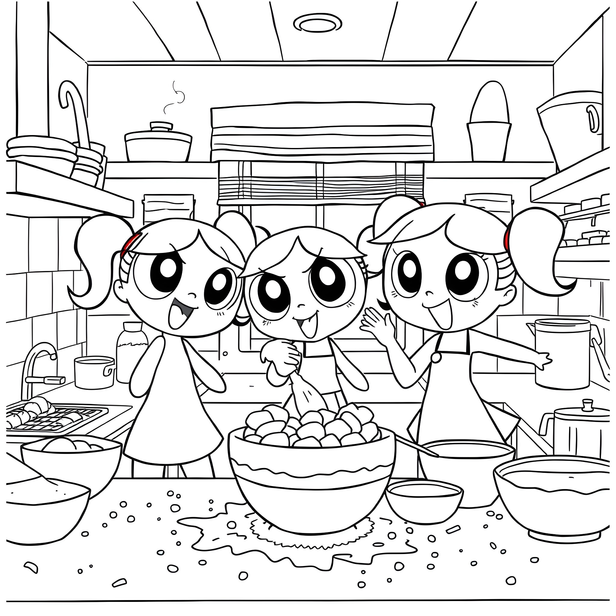 Powerpuff Girls Cooking in the Kitchen Coloring Page (free black-and-white line drawing printable PDF for all, from beginners to advanced learners, including children, teens, adults, and seniors)