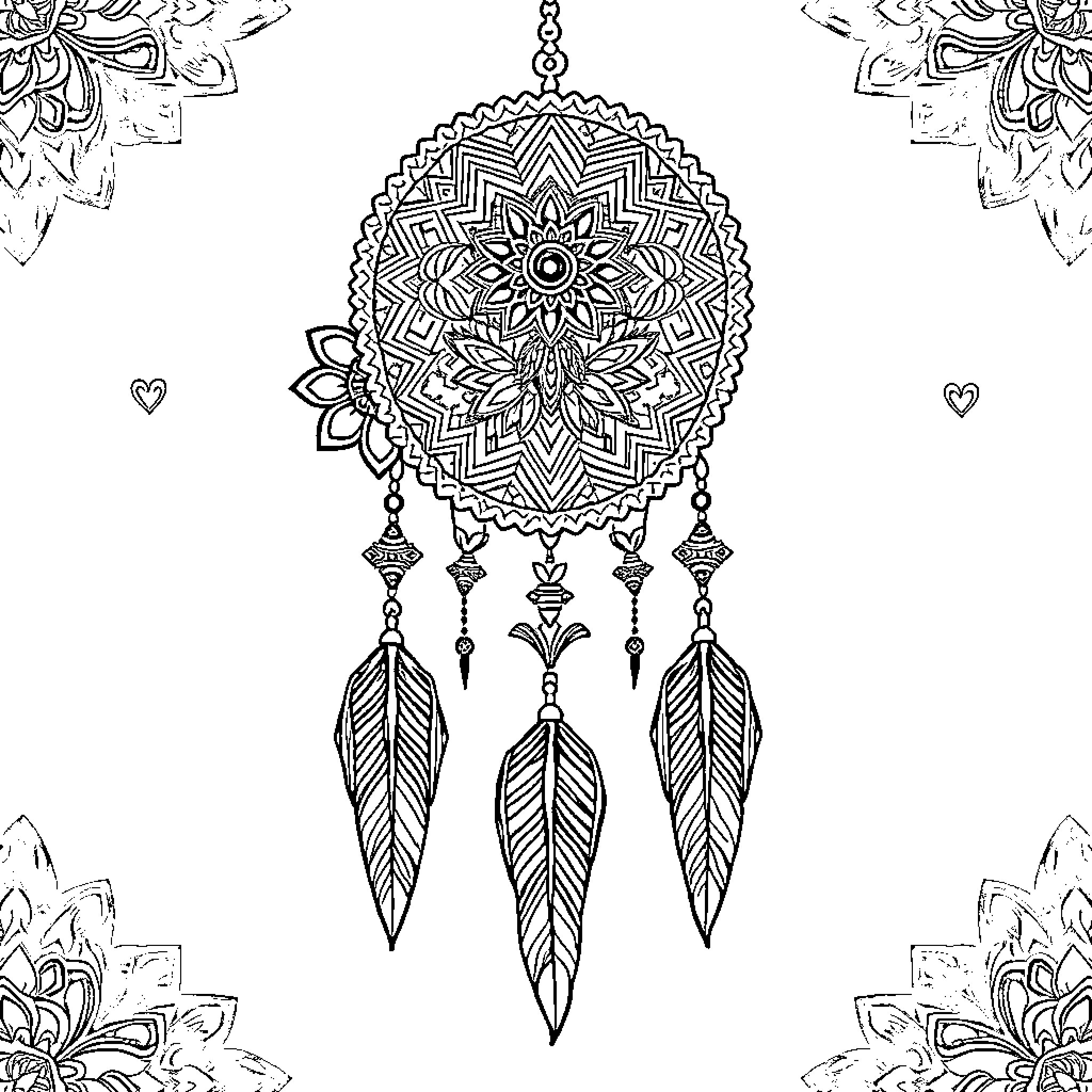 Wall Art with Intricate Dreamcatcher Design Coloring Page (free black-and-white line drawing printable PDF for all, from beginners to advanced learners, including children, teens, adults, and seniors)