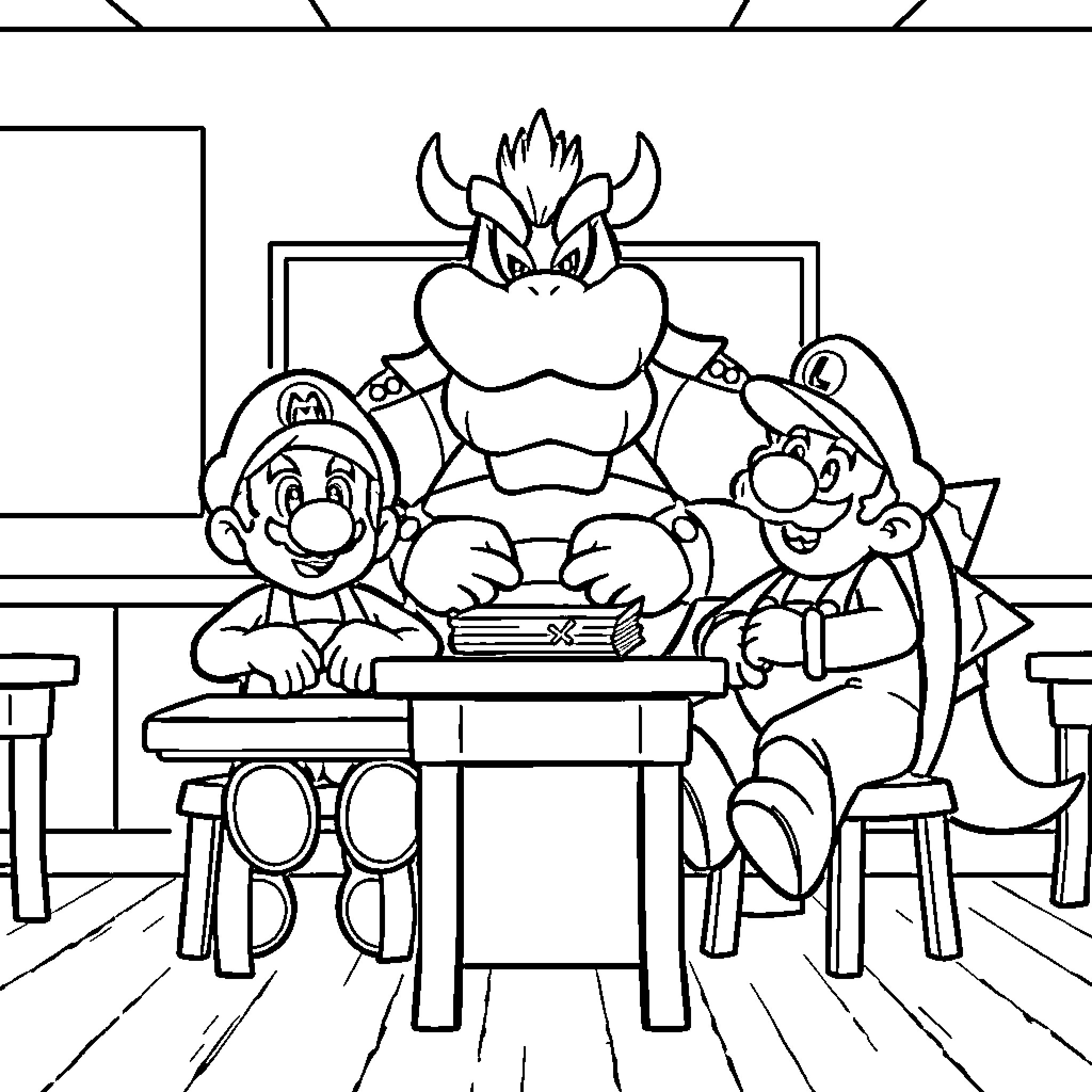 Mario and Friends Scheming Together in Classroom Coloring Page (free black-and-white line drawing printable PDF for all, from beginners to advanced learners, including children, teens, adults, and seniors)