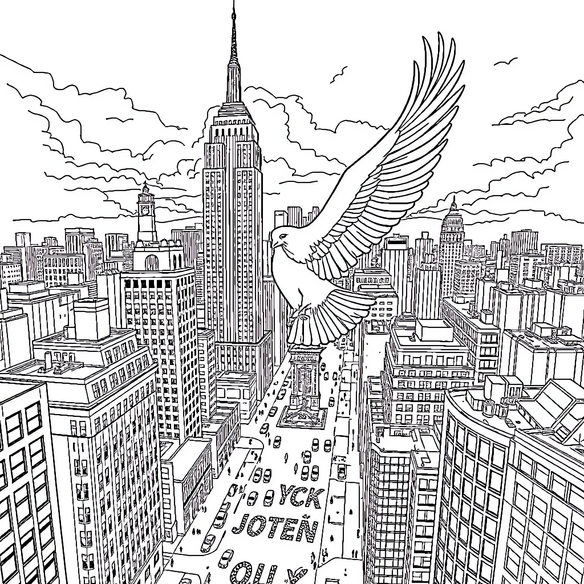 Polen Larios soaring over the bustling city skyline Coloring Page (free black-and-white line drawing printable PDF for all, from beginners to advanced learners, including children, teens, adults, and seniors)