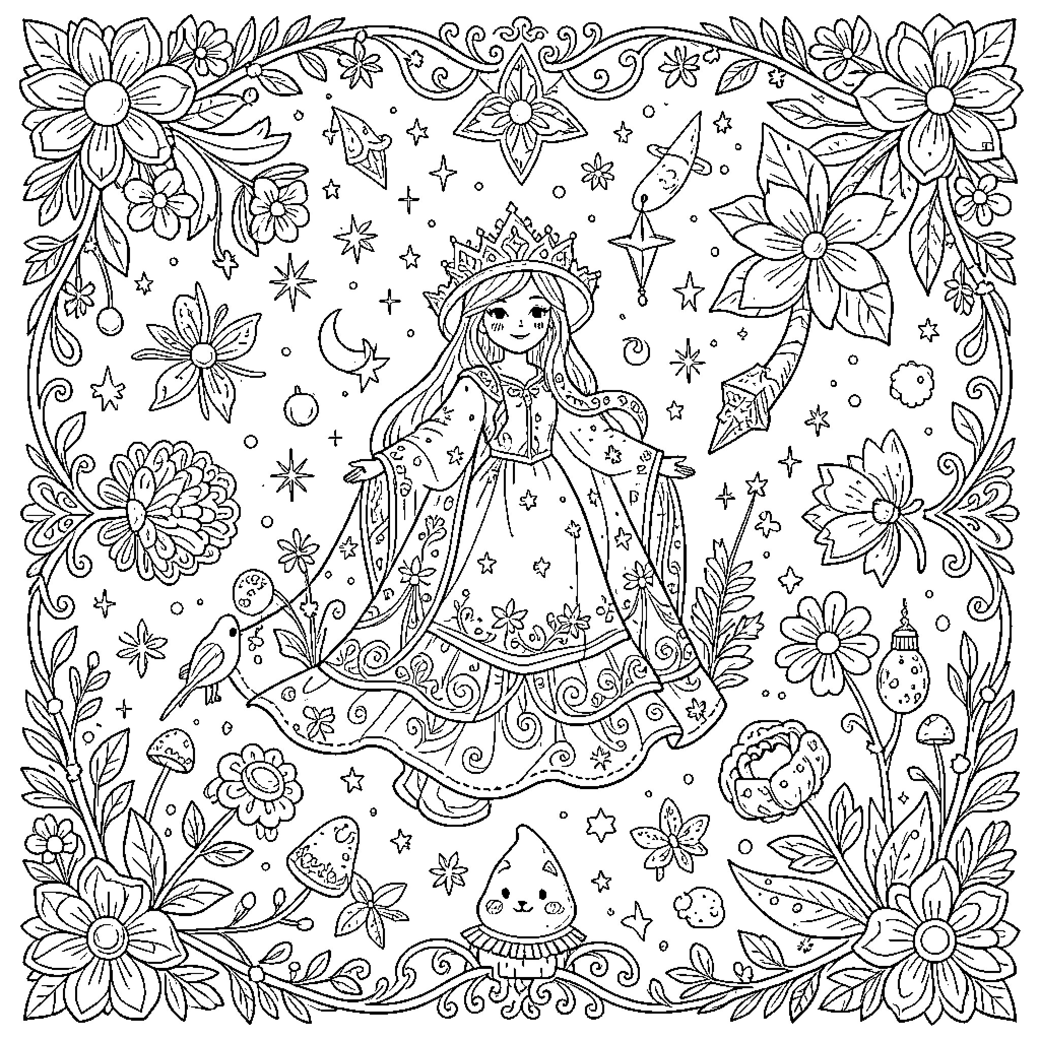 Magic Floral Princess Adventure with Enchanted Elements Coloring Page (free black-and-white line drawing printable PDF for all, from beginners to advanced learners, including children, teens, adults, and seniors)