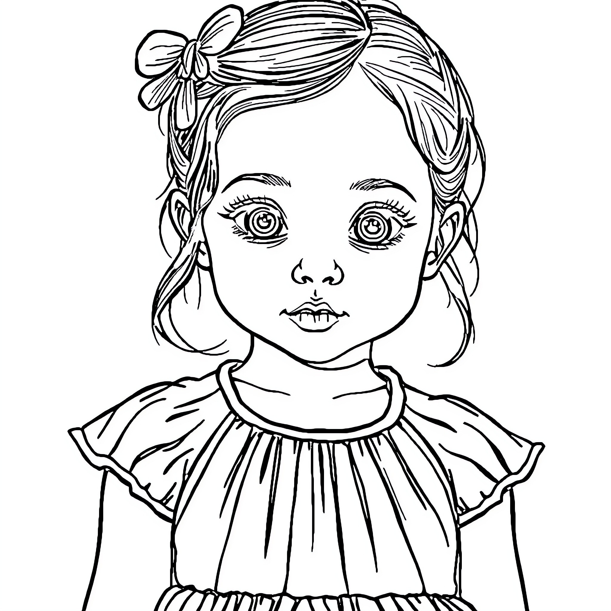 Girl with Flower in Hair and Ruffled Dress Coloring Page (free black-and-white line drawing printable PDF for all, from beginners to advanced learners, including children, teens, adults, and seniors)