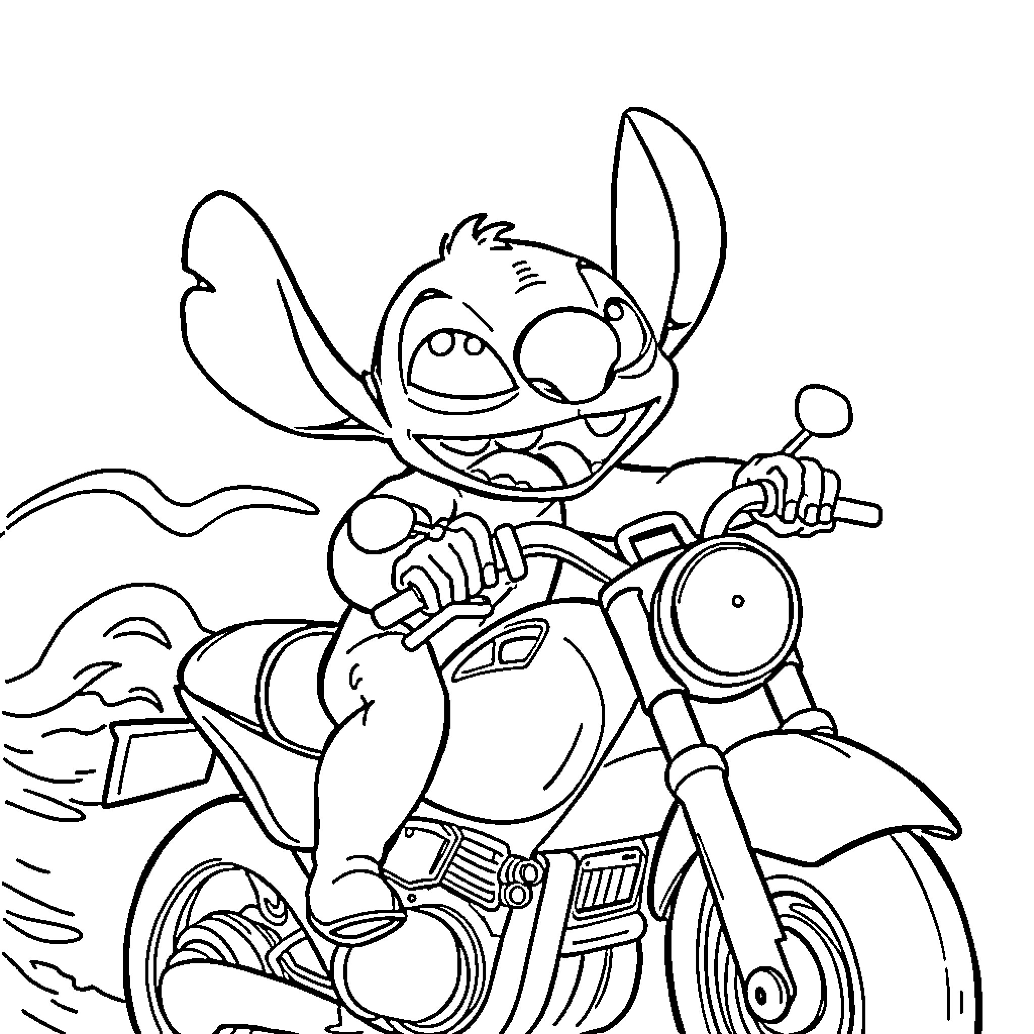 Stitch riding a motorcycle in a cheerful manner Coloring Page (free black-and-white line drawing printable PDF for all, from beginners to advanced learners, including children, teens, adults, and seniors)