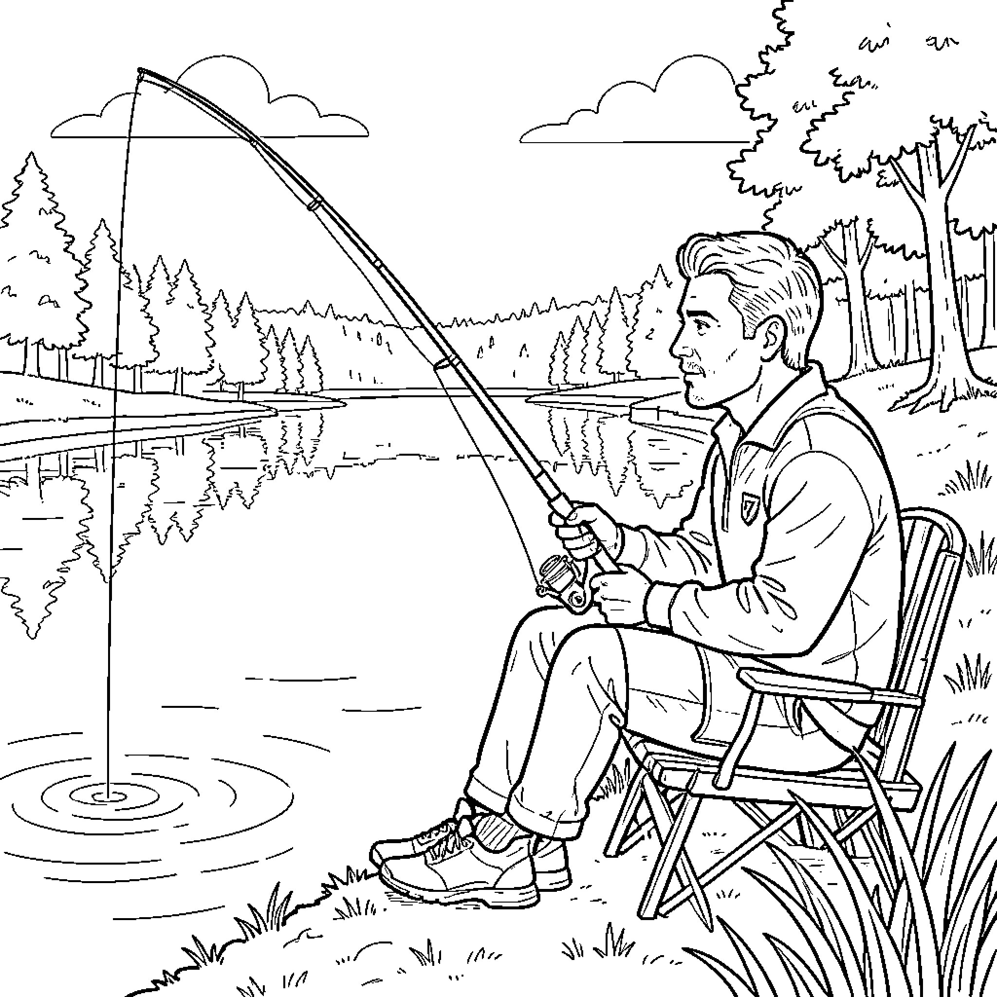 Ronaldo sitting by the lake fishing peacefully Coloring Page (free black-and-white line drawing printable PDF for all, from beginners to advanced learners, including children, teens, adults, and seniors)